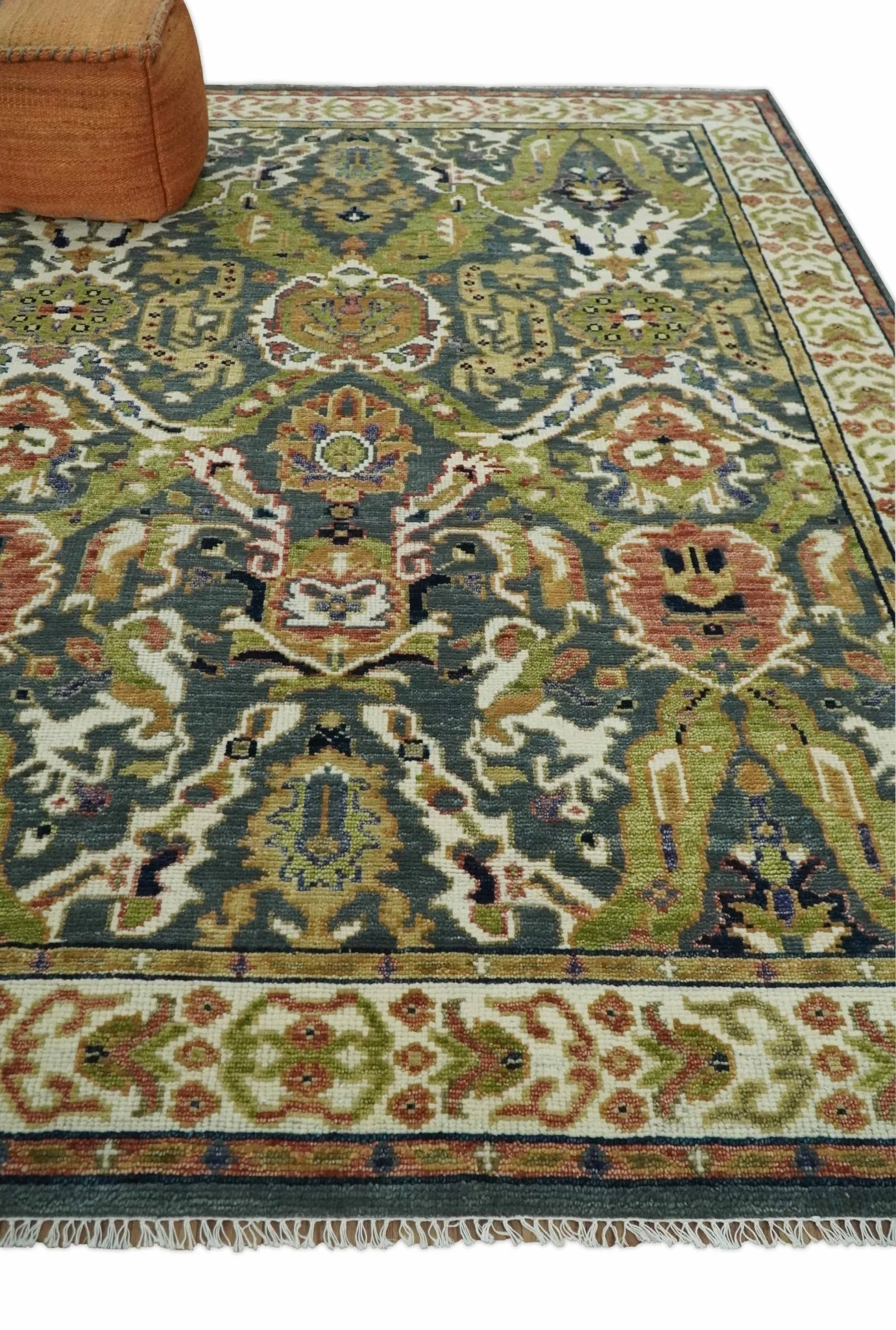 Antique look Hand knotted Green, Ivory and Gray Traditional Large design Multi Size wool Area Rug - Image 4
