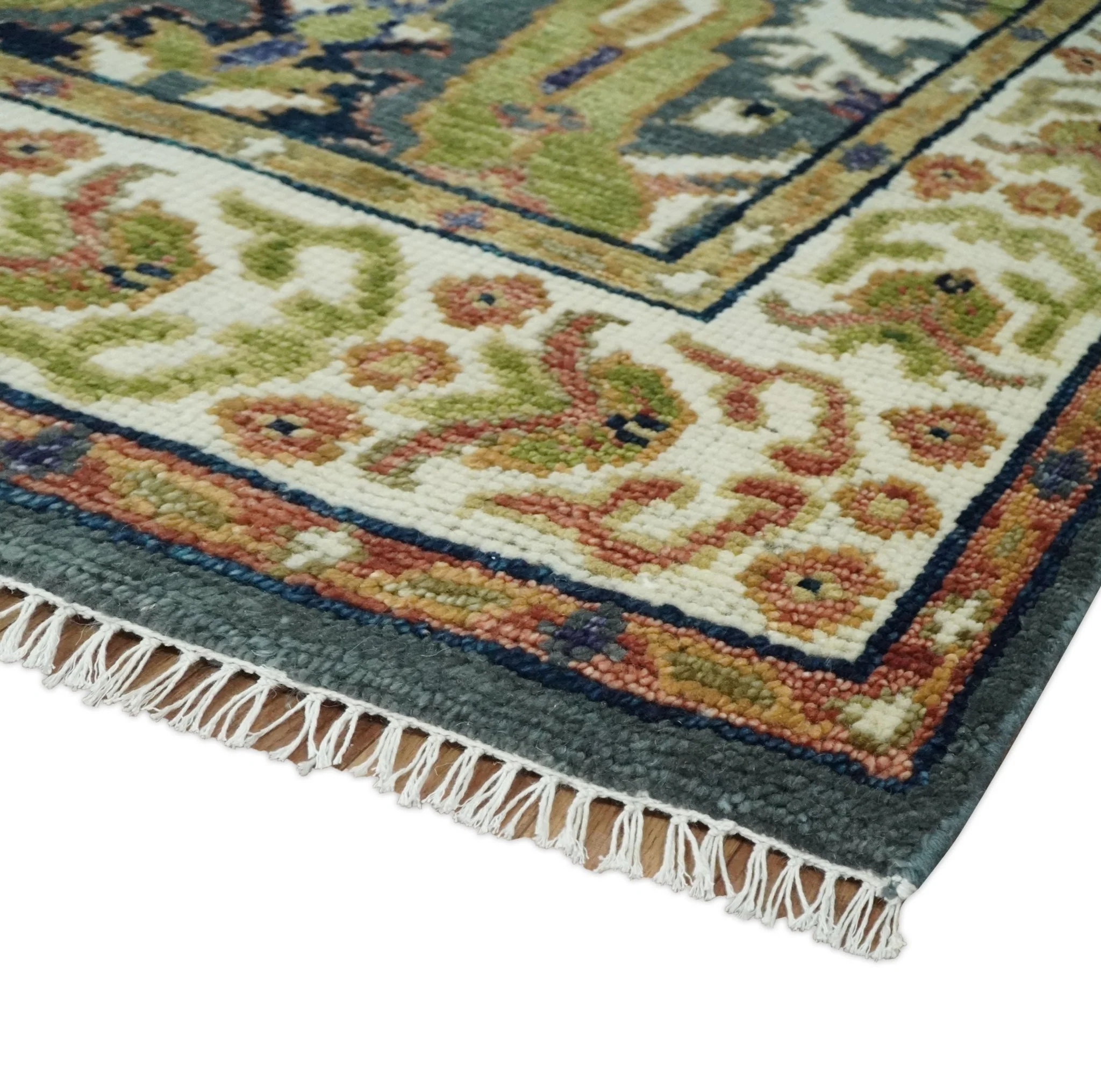 Antique look Hand knotted Green, Ivory and Gray Traditional Large design Multi Size wool Area Rug - Image 5