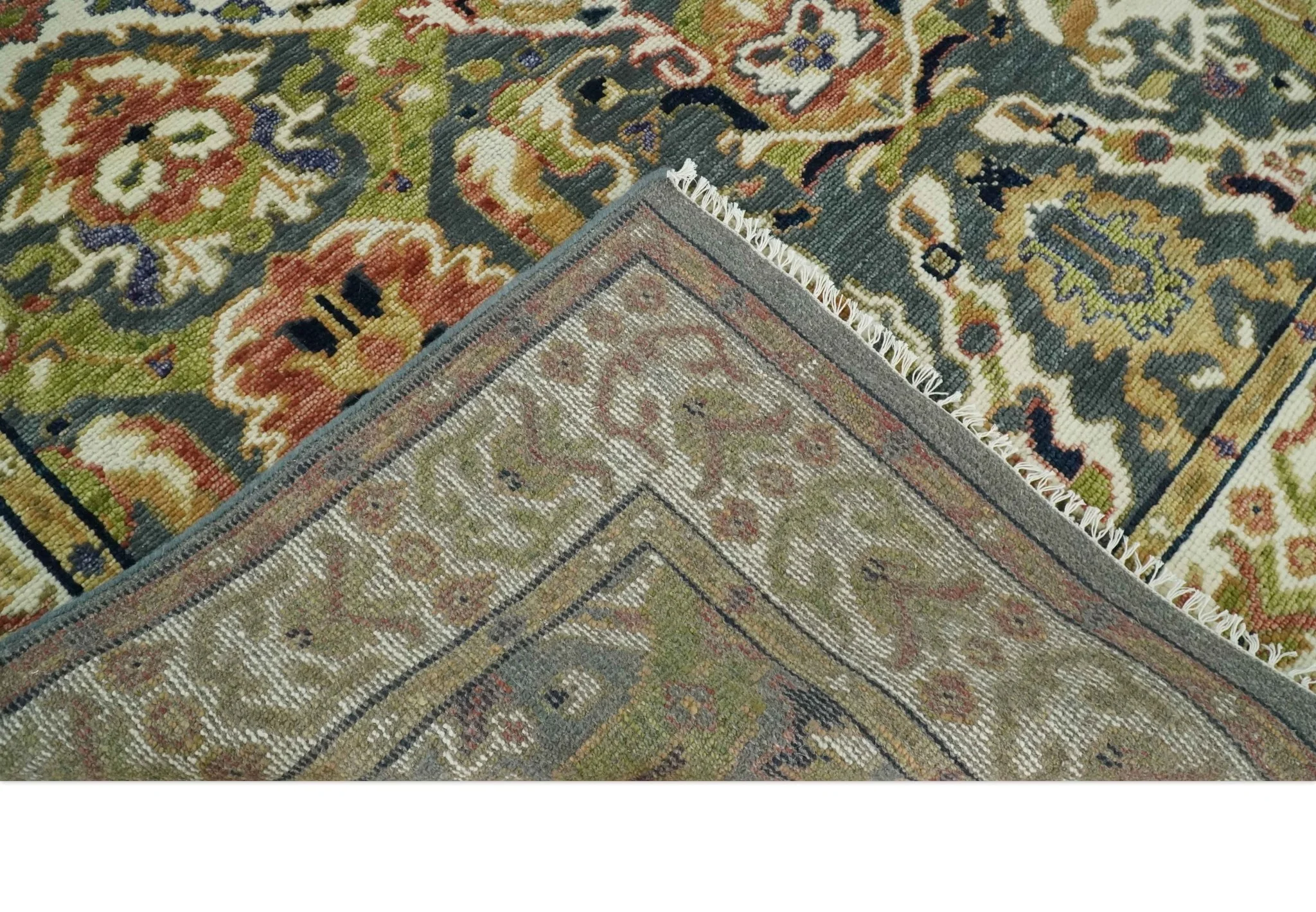 Antique look Hand knotted Green, Ivory and Gray Traditional Large design Multi Size wool Area Rug - Image 7