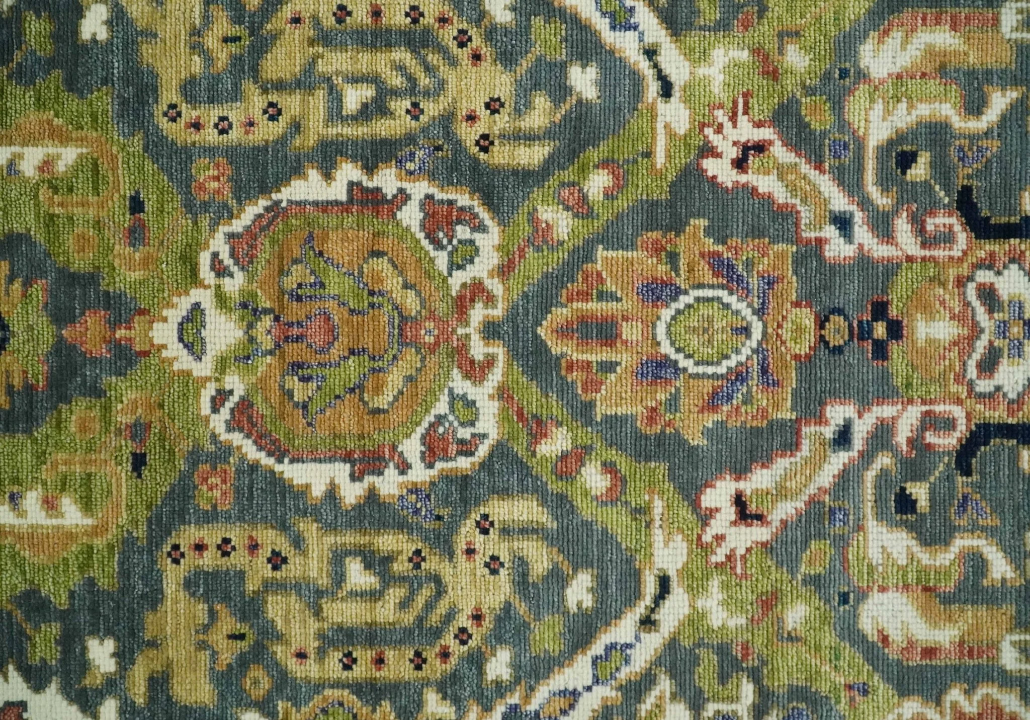 Antique look Hand knotted Green, Ivory and Gray Traditional Large design Multi Size wool Area Rug - Image 8