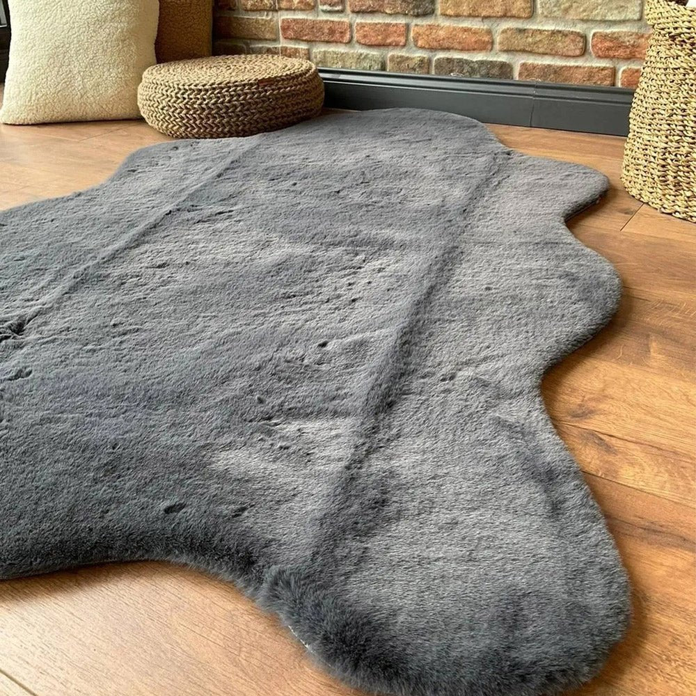 Modern Faux Rabbit Charcoal Machine Washable Silk Rug - Image 2
