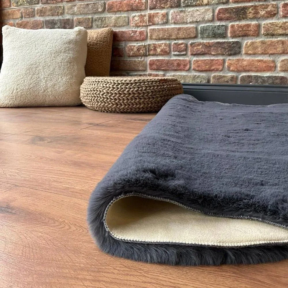 Modern Faux Rabbit Charcoal Machine Washable Silk Rug - Image 5