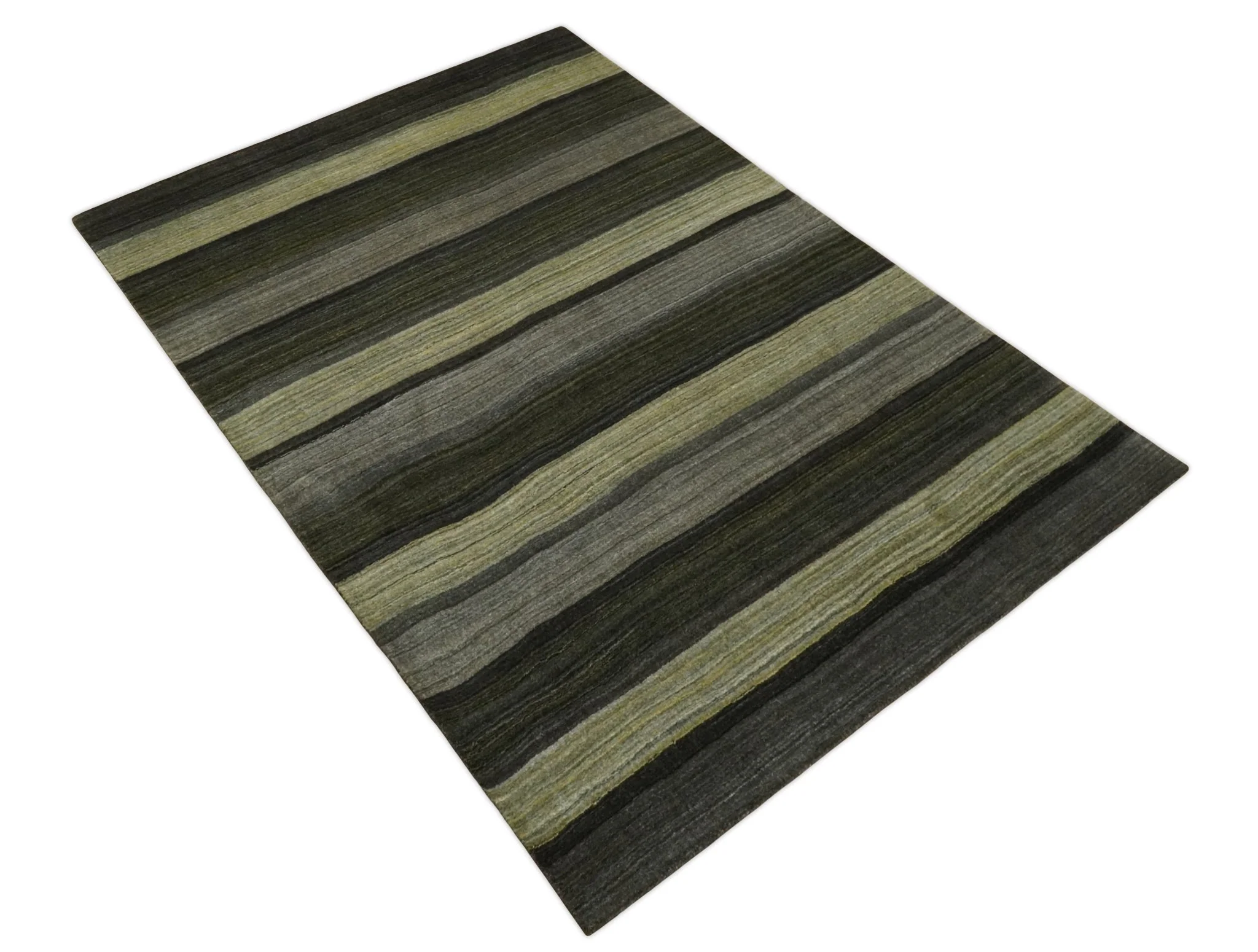 Modern Scandinavian Stripes 5x7 Antique Moss Green and Gray Wool Hand Woven Area Rug | HL20 - Image 10