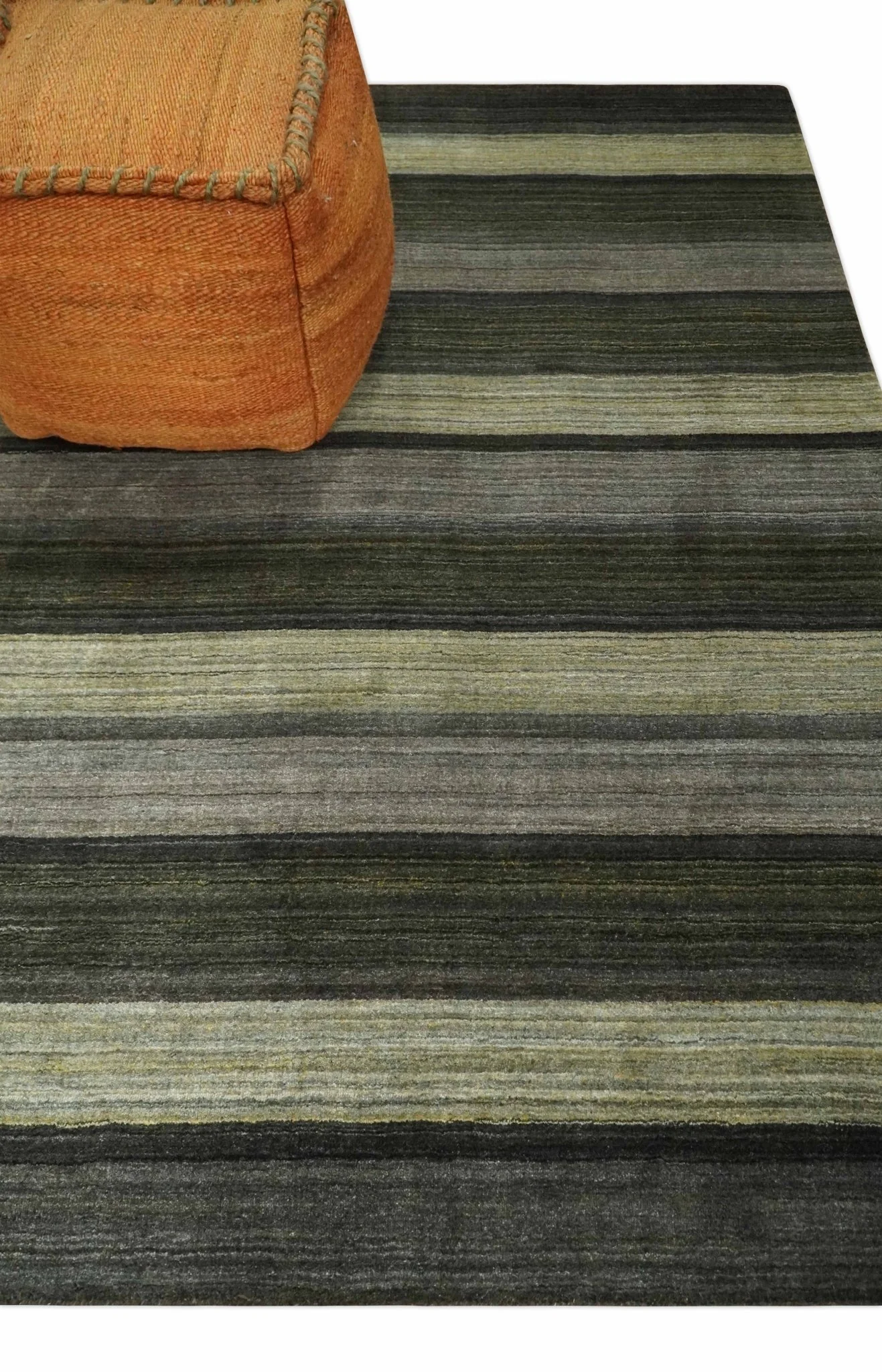 Modern Scandinavian Stripes 5x7 Antique Moss Green and Gray Wool Hand Woven Area Rug | HL20 - Image 3