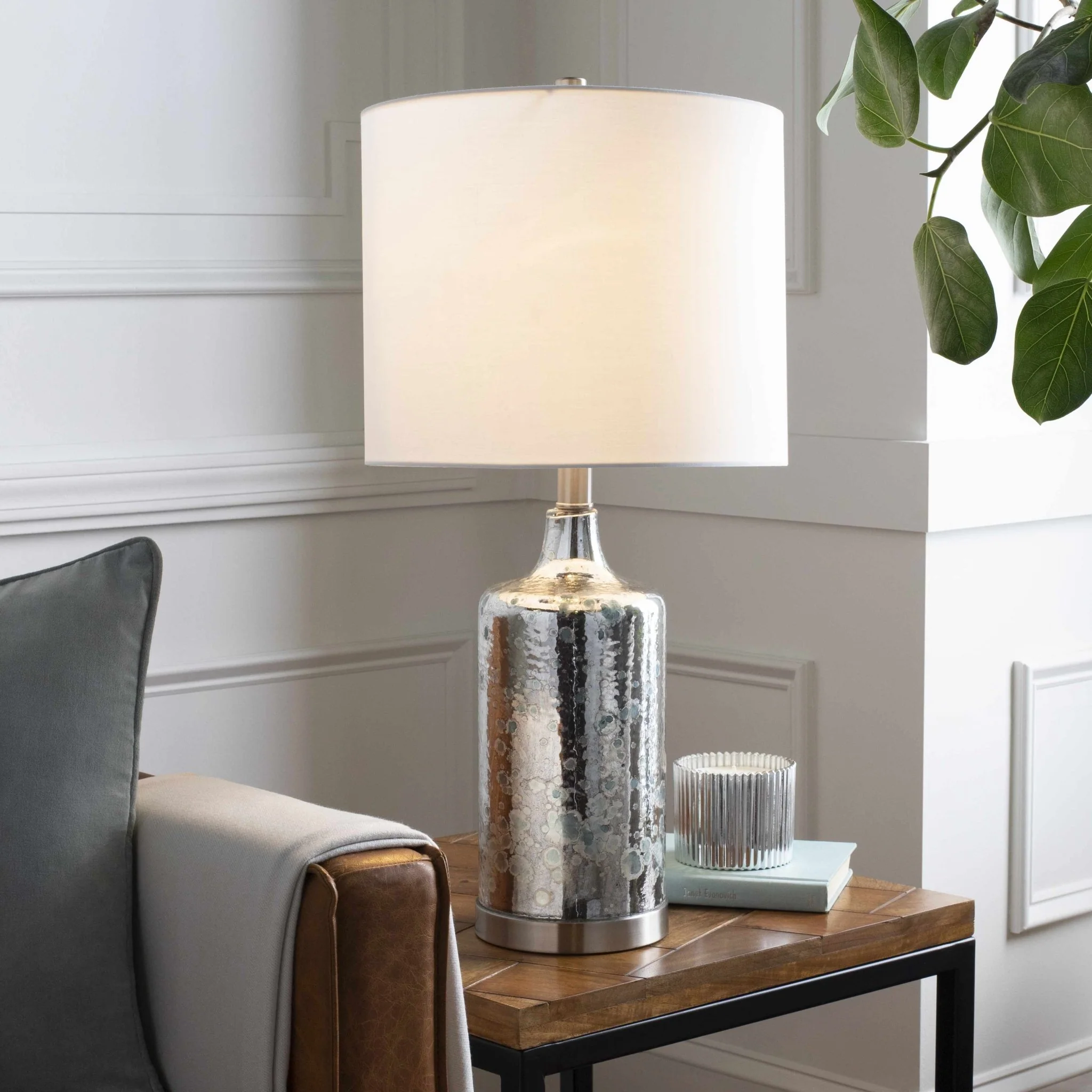 Modern Silver and White Cylindrical Table Lamp - Image 3