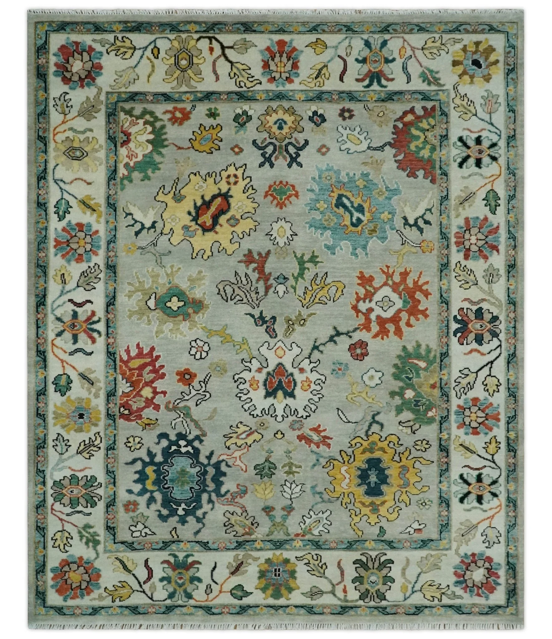 Silver, Ivory and Beige vibrant Colorful Hand knotted Multi Size Traditional Oushak wool Rug - Image 11