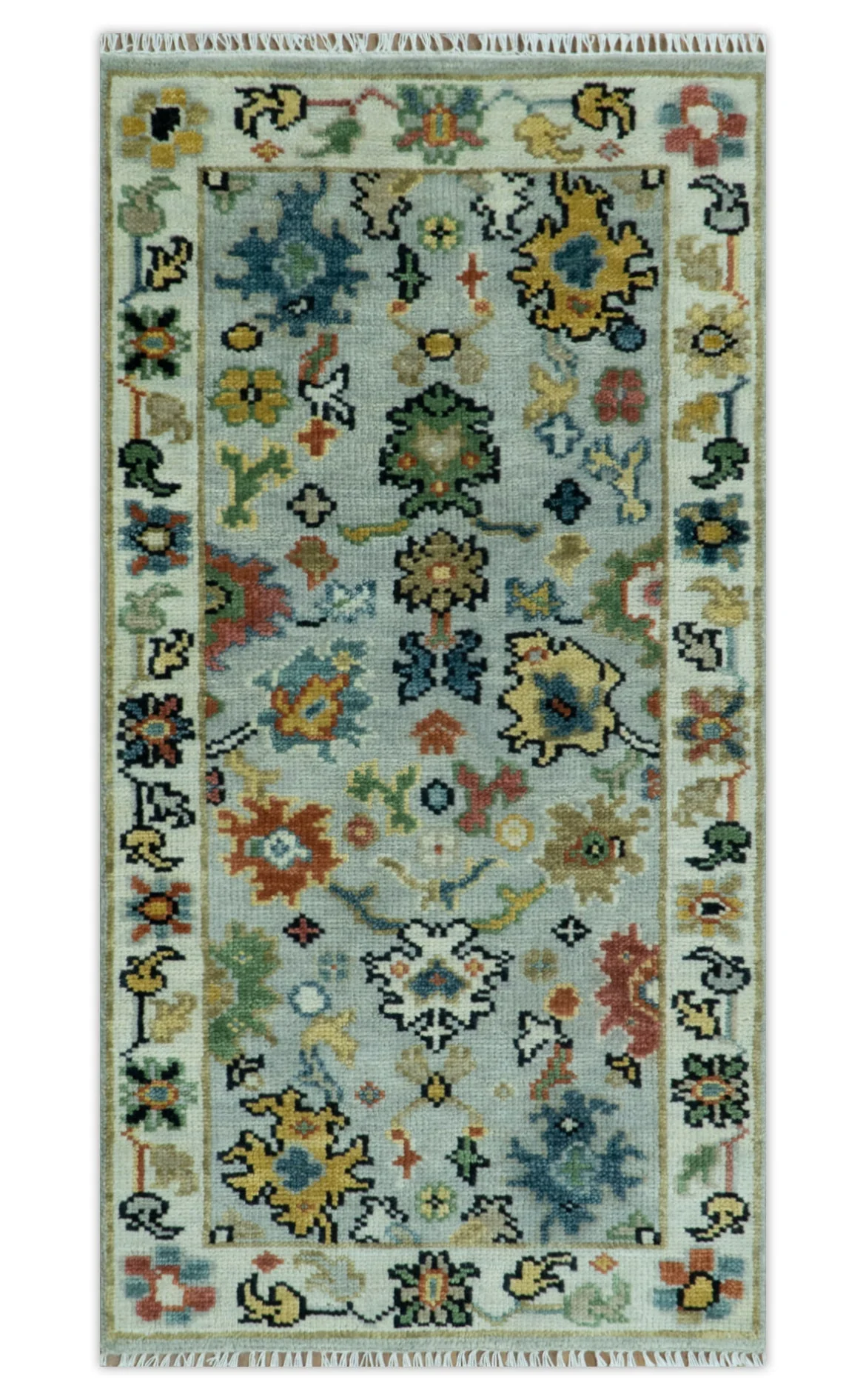 Silver, Ivory and Beige vibrant Colorful Hand knotted Multi Size Traditional Oushak wool Rug - Image 12