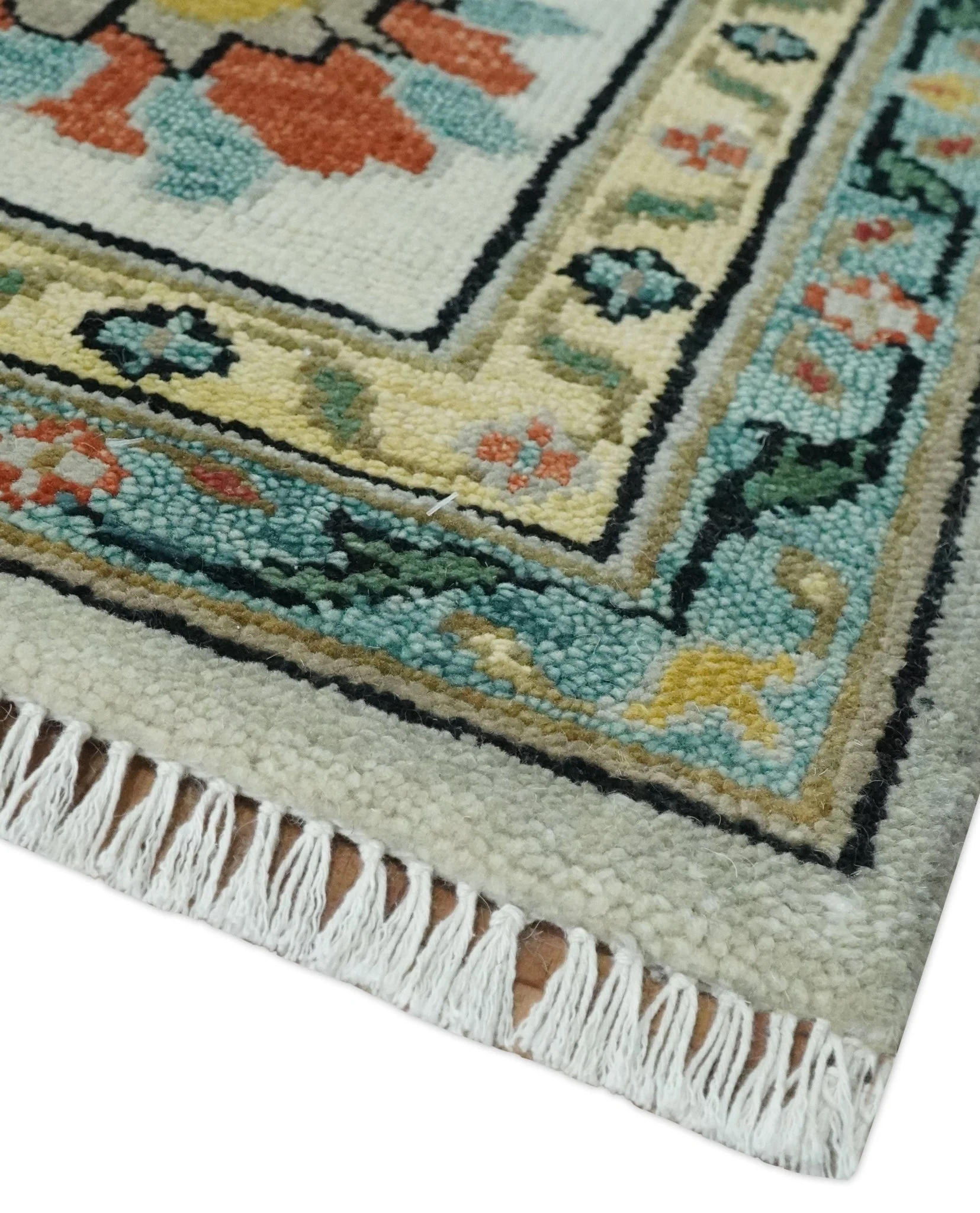 Silver, Ivory and Beige vibrant Colorful Hand knotted Multi Size Traditional Oushak wool Rug - Image 5