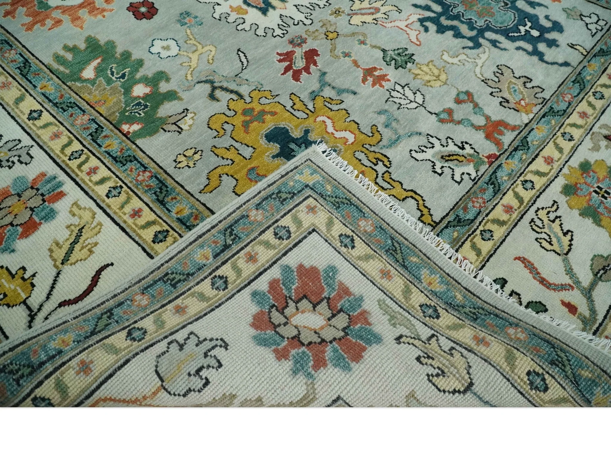 Silver, Ivory and Beige vibrant Colorful Hand knotted Multi Size Traditional Oushak wool Rug - Image 6