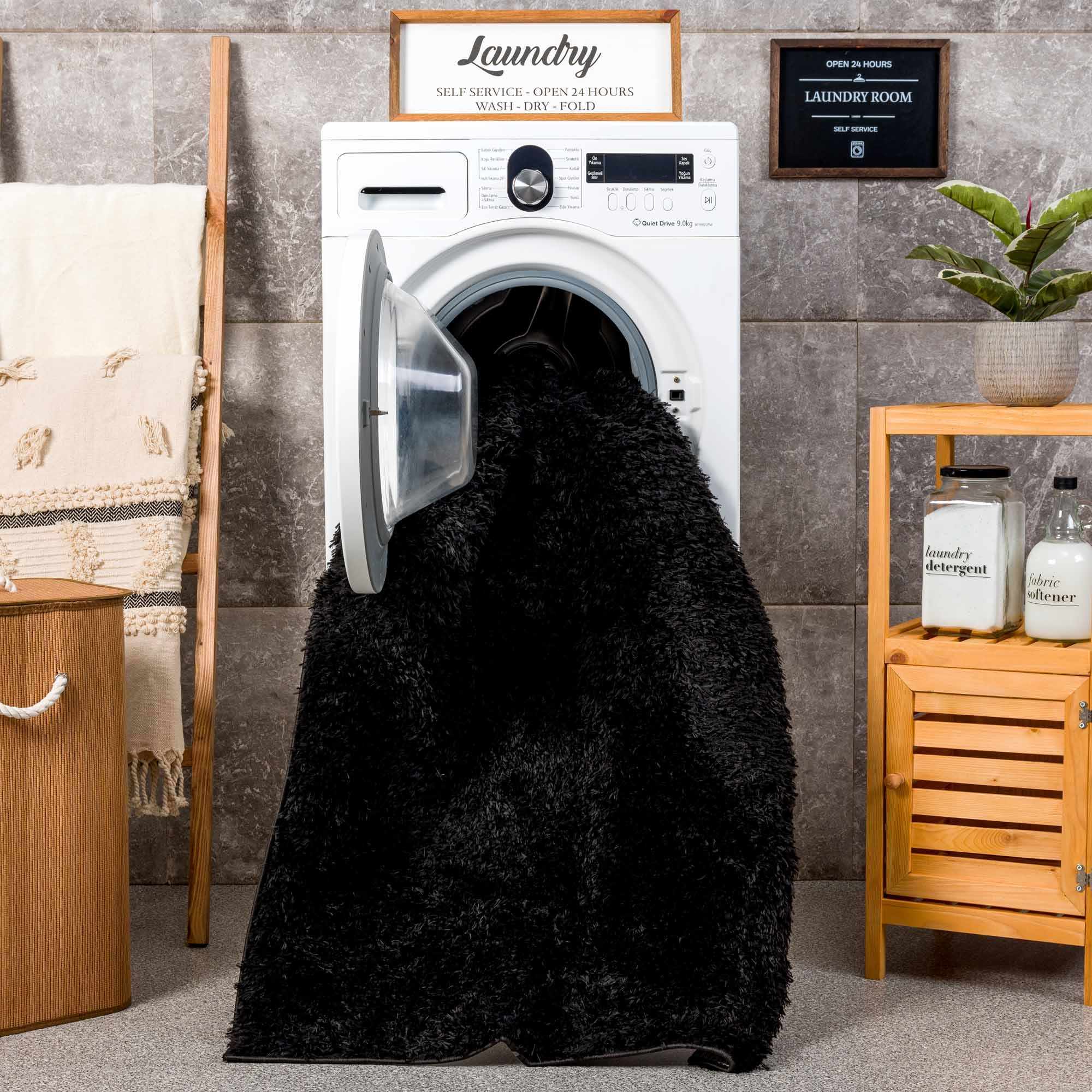 Modern Solid Black Plush Pile Moroccan Style Washable Area Rug - Image 14