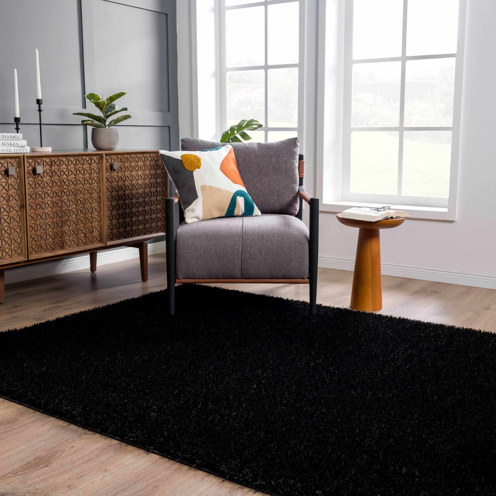 Modern Solid Black Plush Pile Moroccan Style Washable Area Rug - Image 2