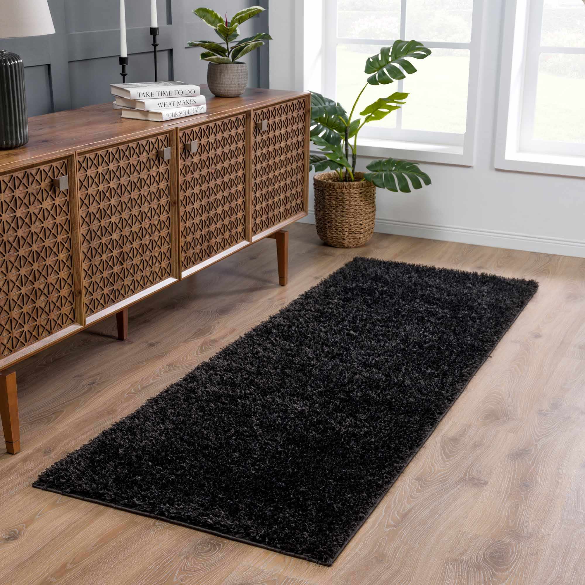 Modern Solid Black Plush Pile Moroccan Style Washable Area Rug - Image 3