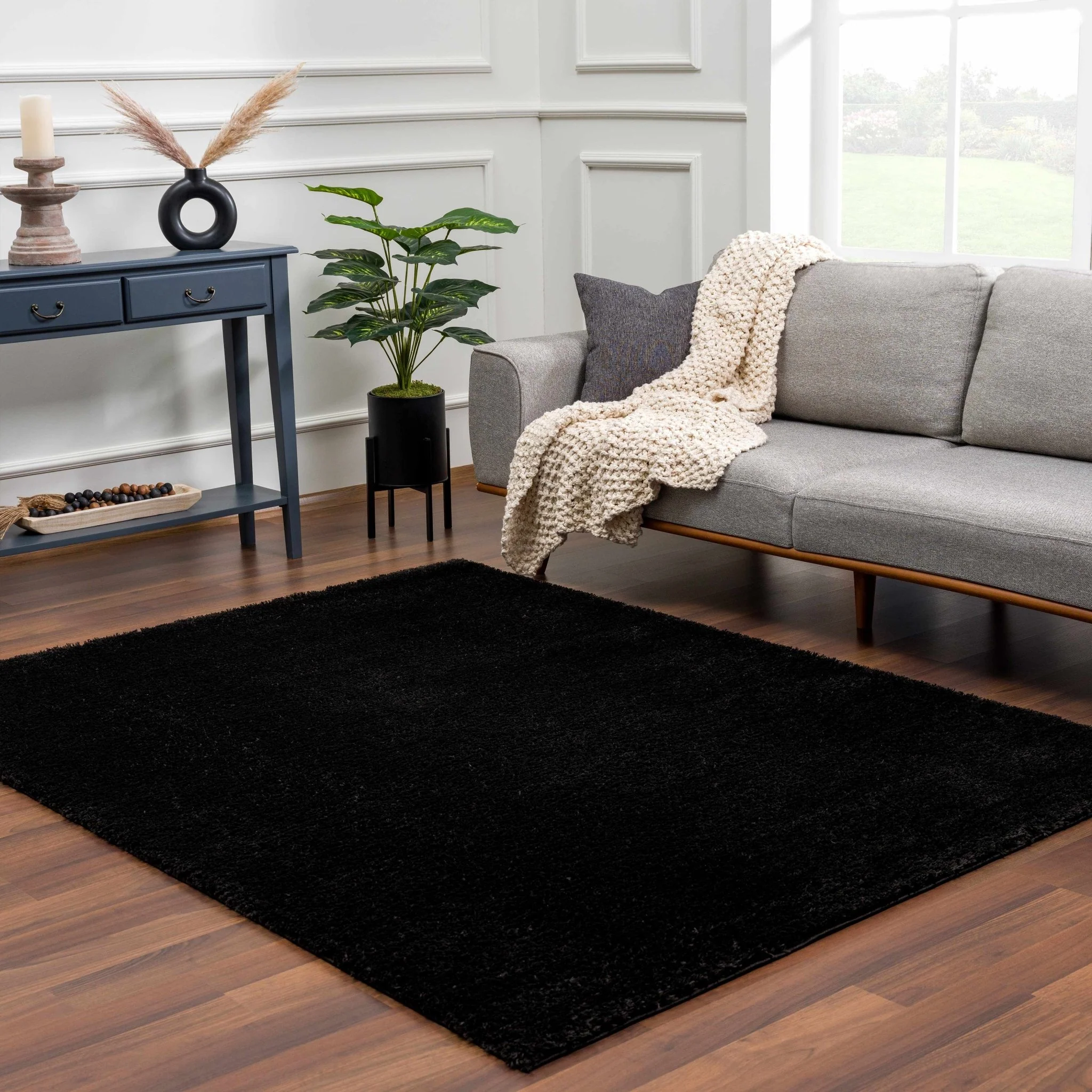 Modern Solid Black Plush Pile Moroccan Area Rug - Image 12