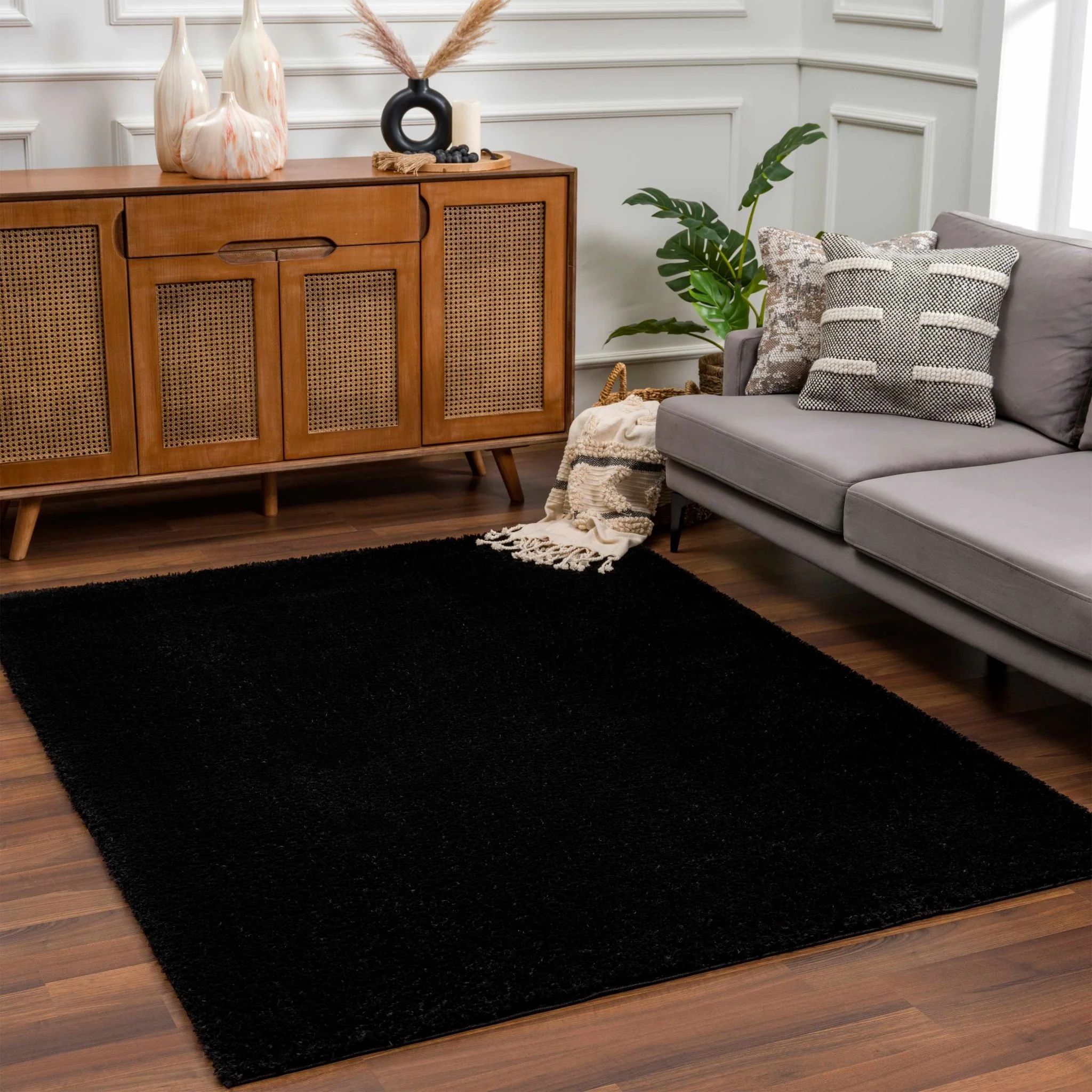 Modern Solid Black Plush Pile Moroccan Area Rug - Image 13