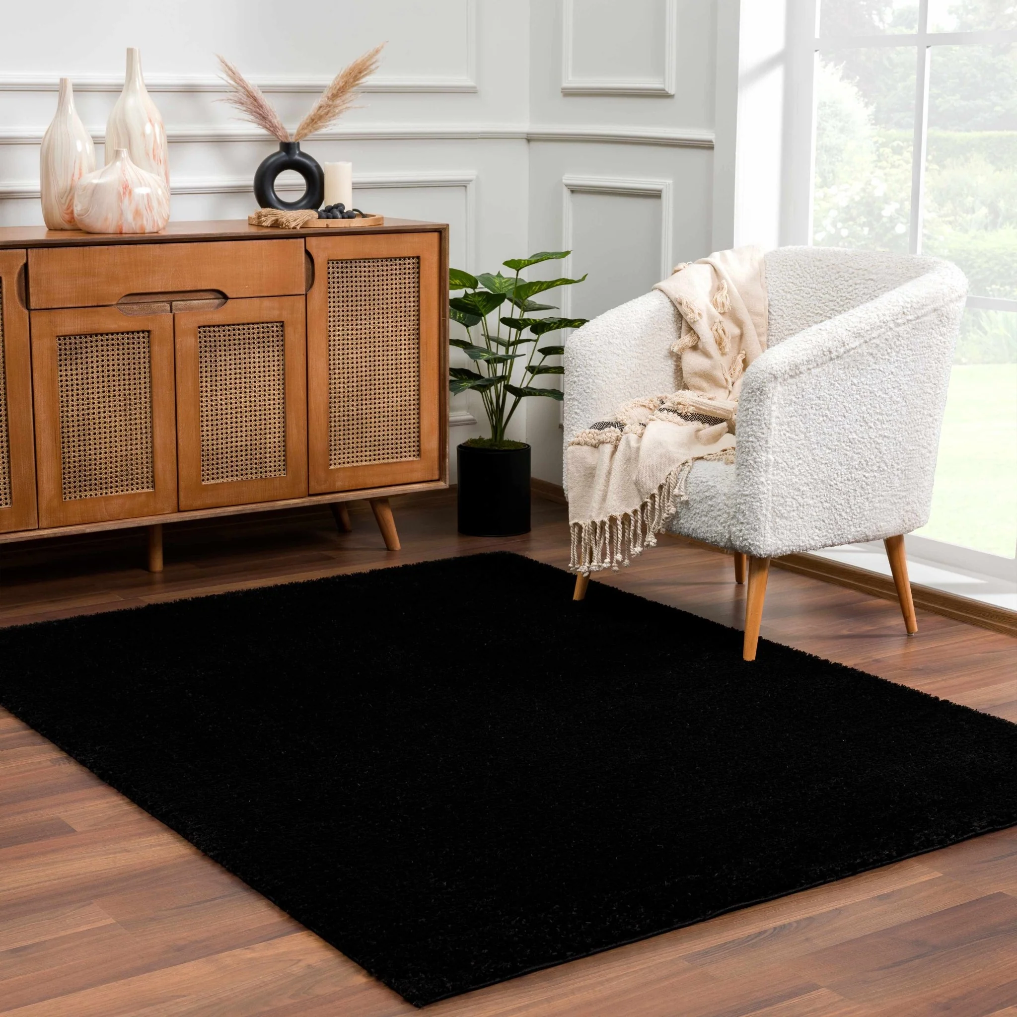 Modern Solid Black Plush Pile Moroccan Area Rug - Image 2