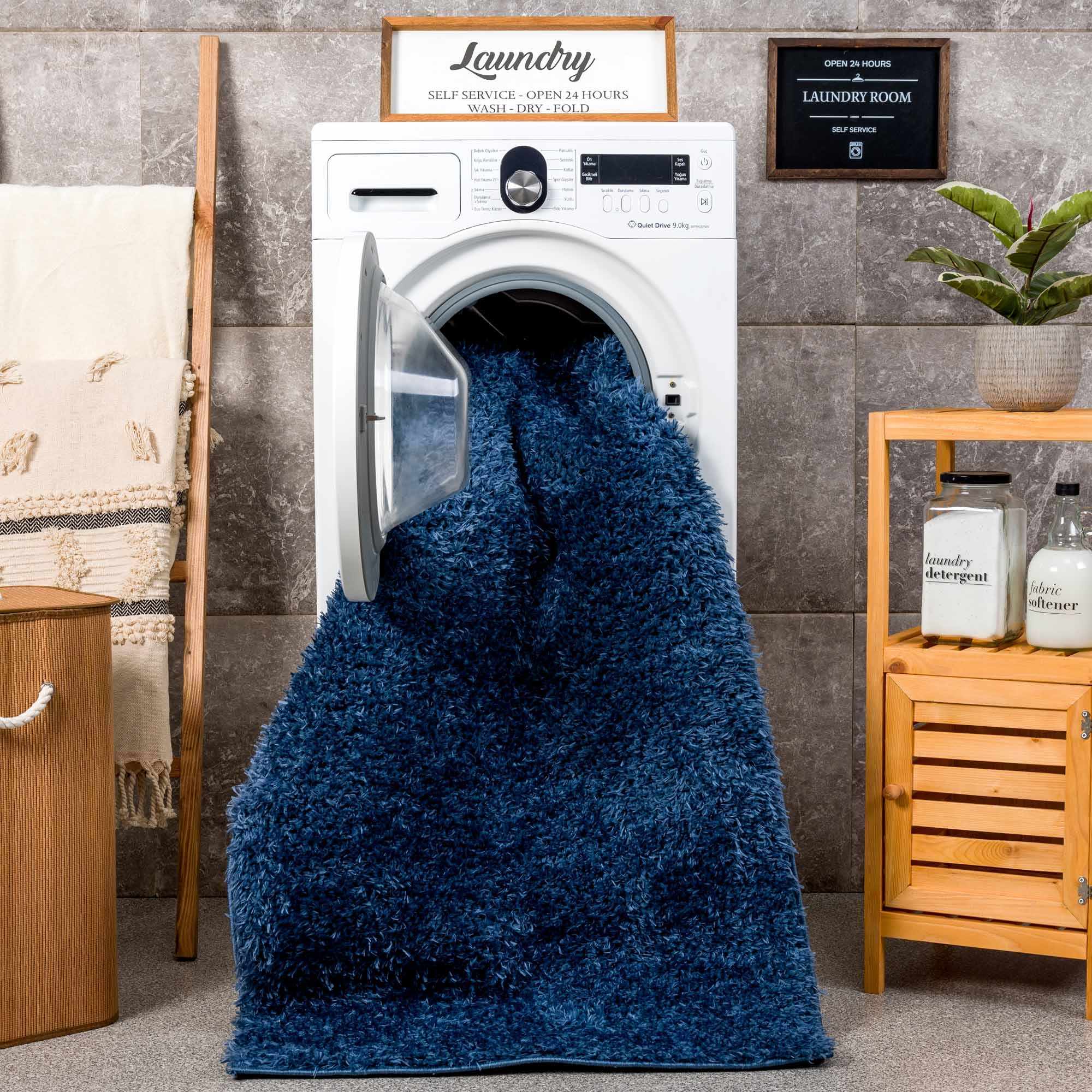 Modern Solid Blue Plush Pile Moroccan Style Washable Area Rug - Image 14