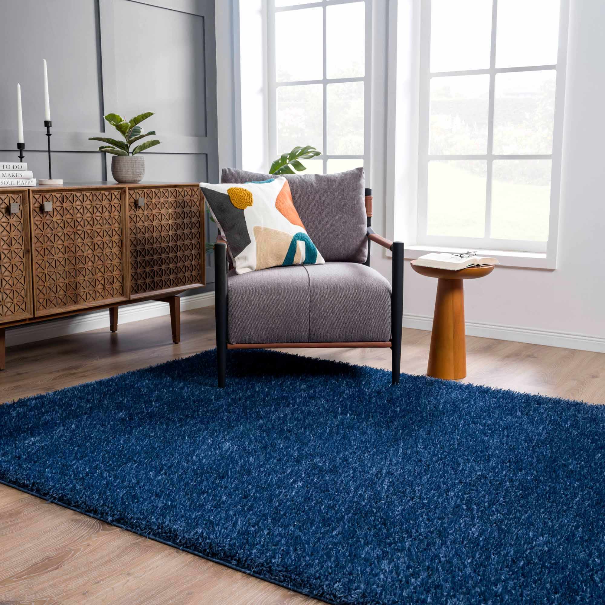 Modern Solid Blue Plush Pile Moroccan Style Washable Area Rug - Image 15