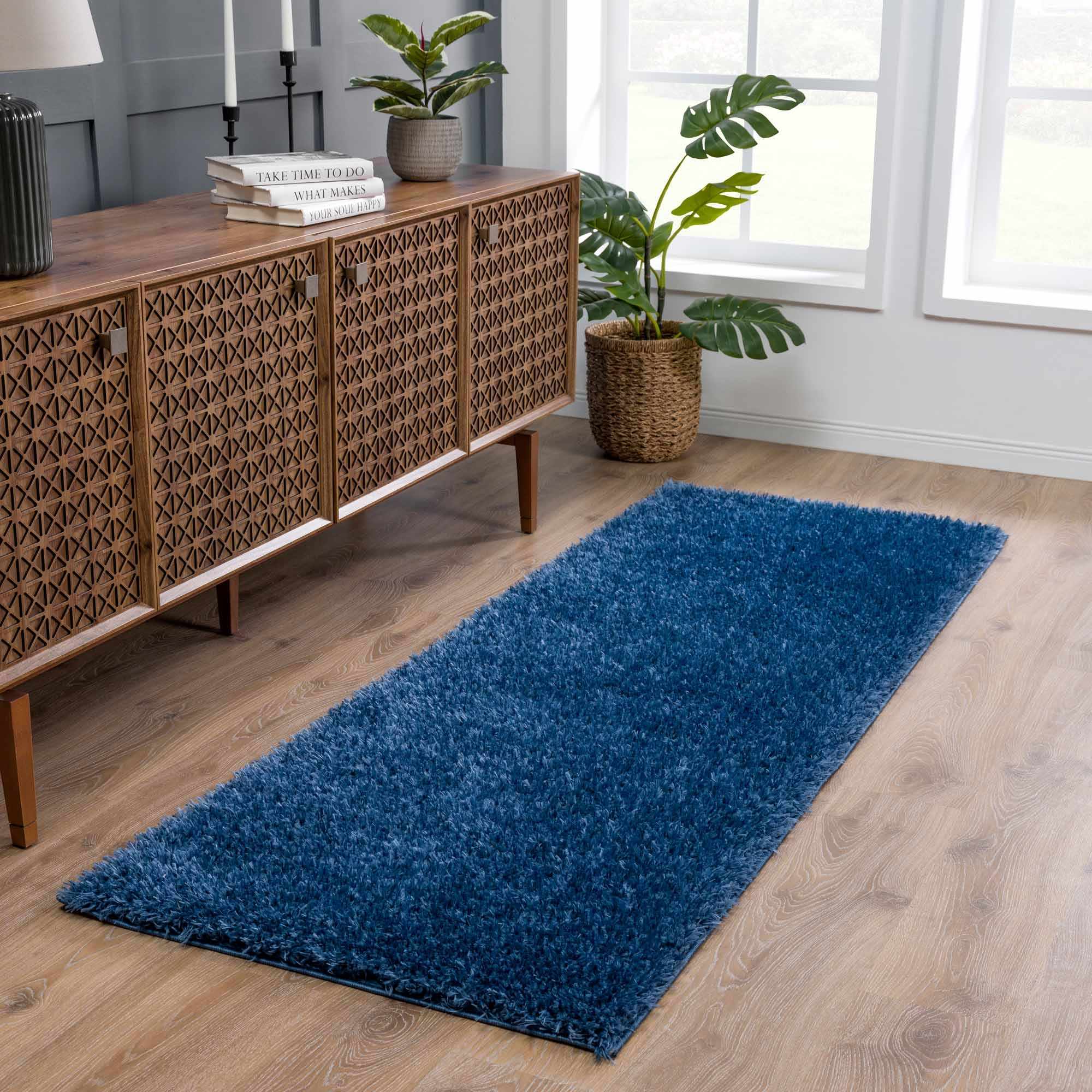 Modern Solid Blue Plush Pile Moroccan Style Washable Area Rug - Image 3