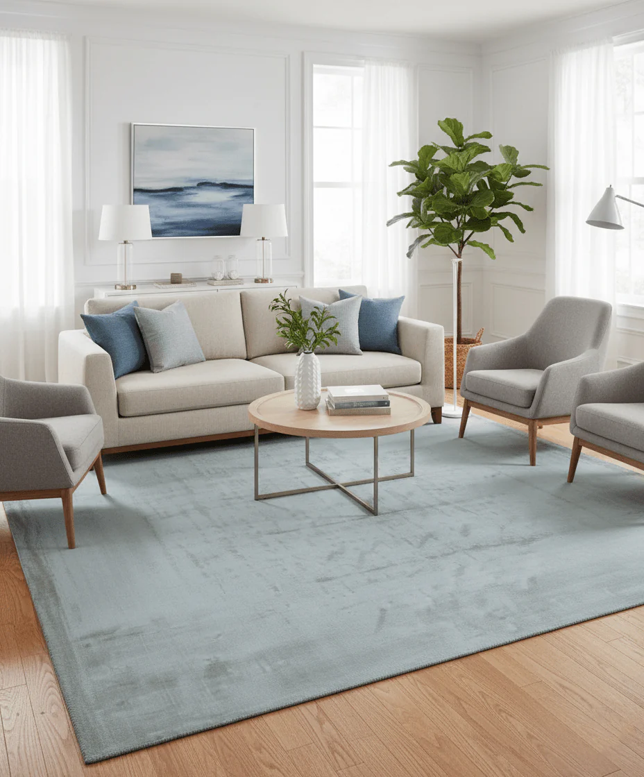 Modern Solid Design Blue And Gray Hand Loom 9x12 Art Silk Area Rug - Image 2