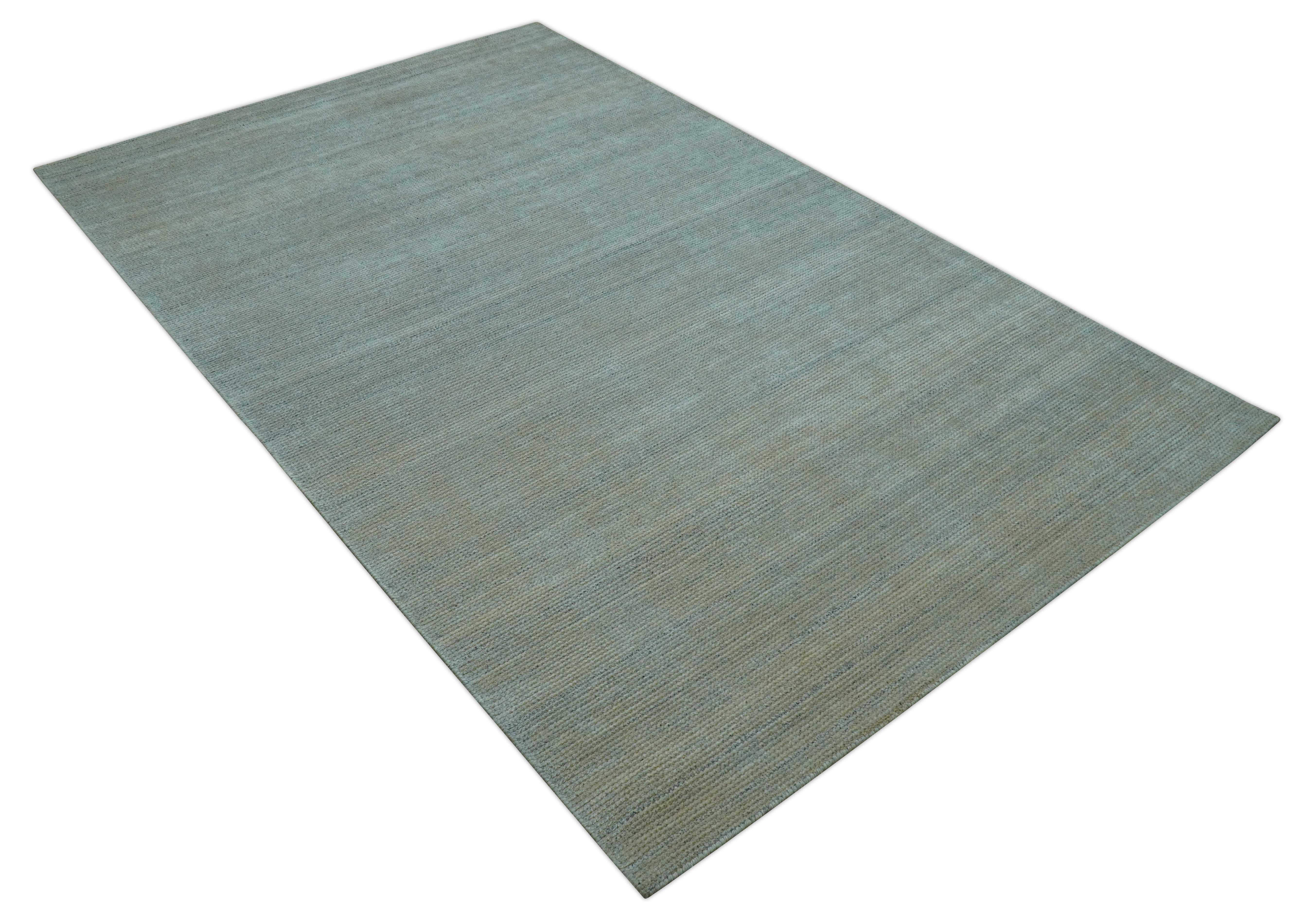 Modern Solid Design Green And Blue 5x8 Hand Knotted Wool Area Rug - Image 5