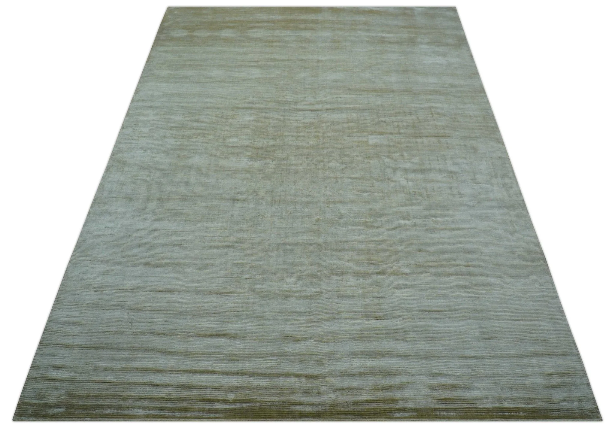 Modern Solid Design Silver And Green Hand Loom 9.4x13 Art Silk Area Rug - Image 10