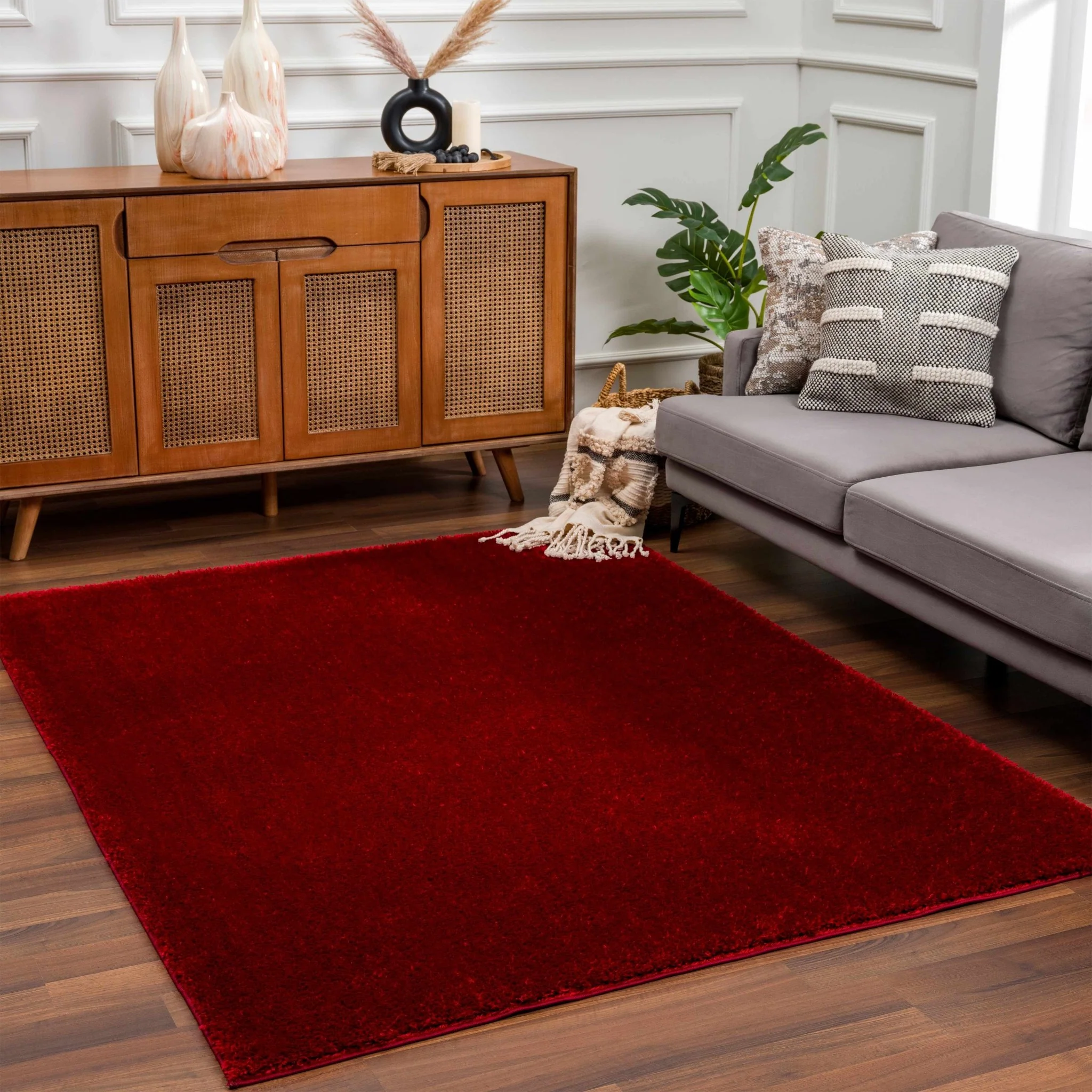 Modern Solid Maroon Plush Pile Moroccan Area Rug - Image 13