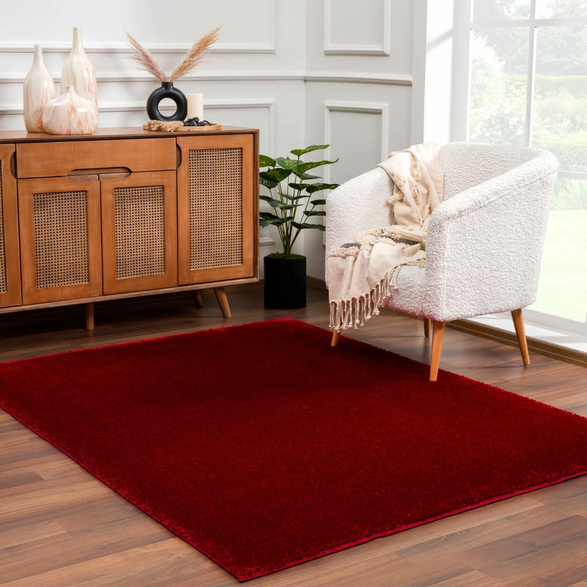 Modern Solid Maroon Plush Pile Moroccan Area Rug - Image 2