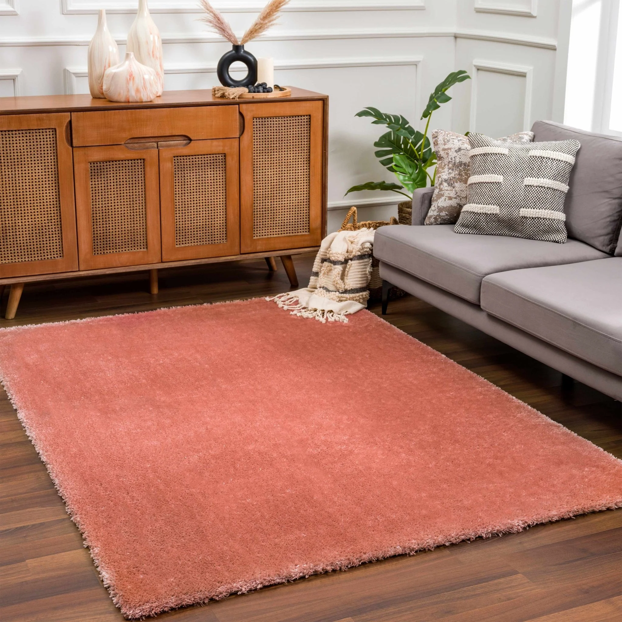 Modern Solid Peach Plush Pile Moroccan Style Area Rug - Image 14