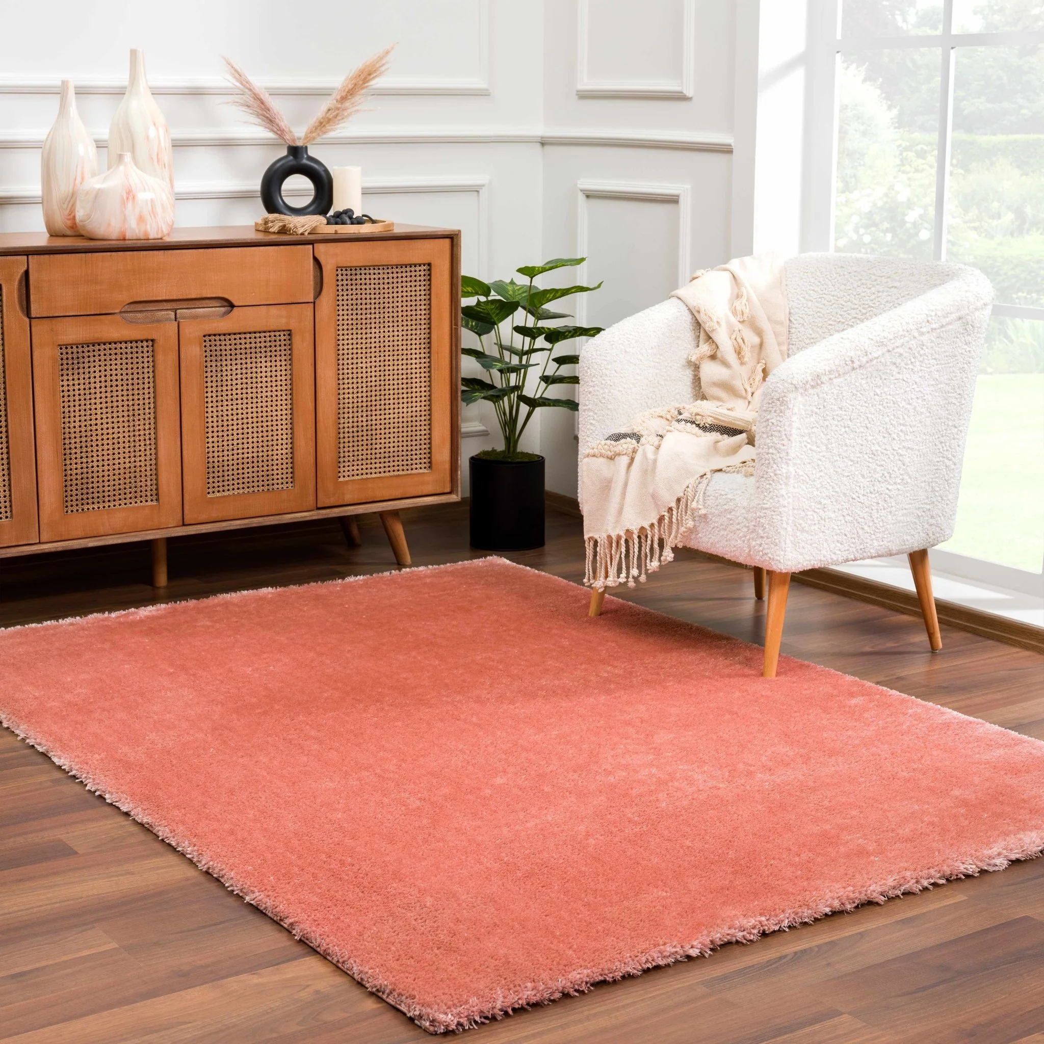 Modern Solid Peach Plush Pile Moroccan Style Area Rug - Image 3