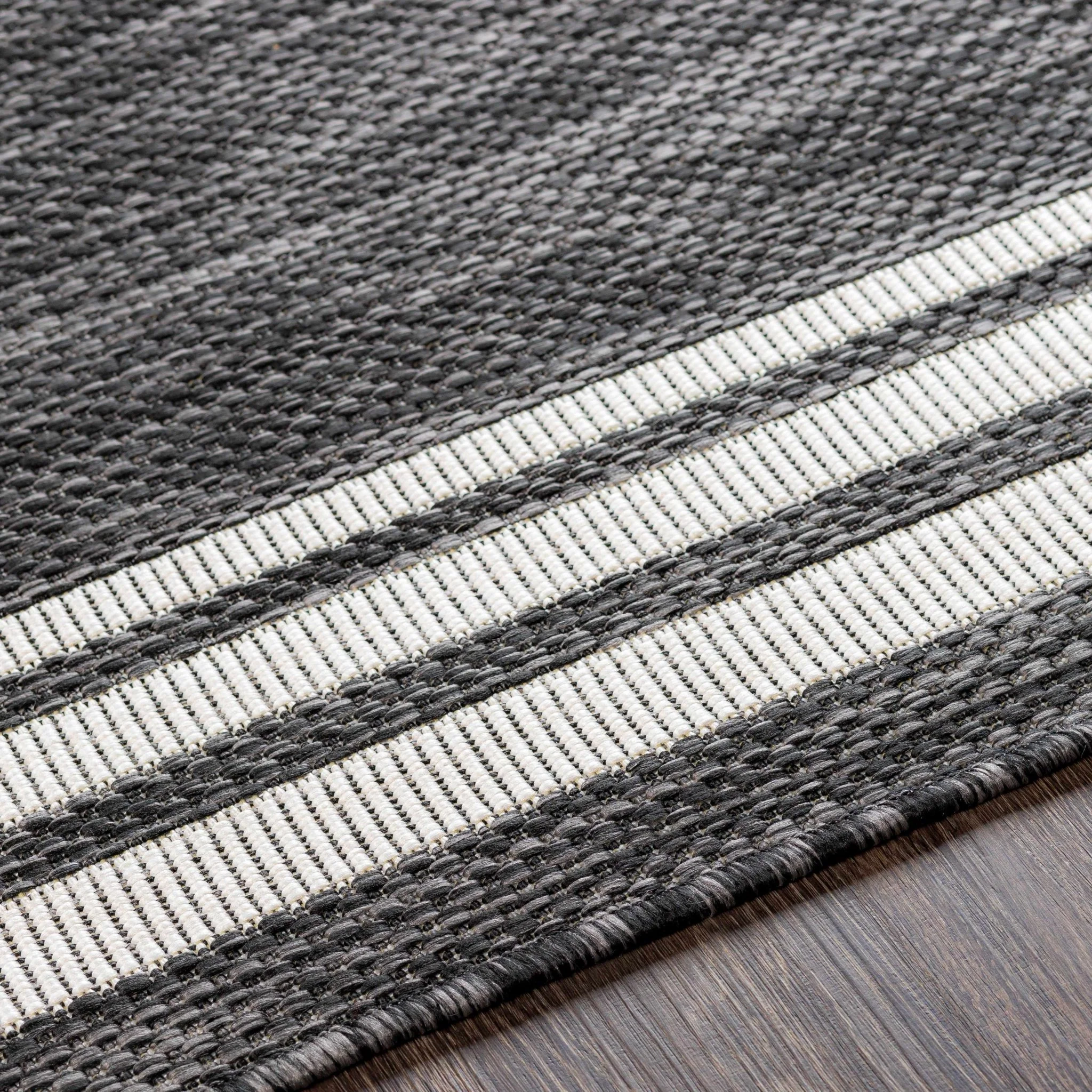 Modern Solid Plain Charcoal and Ivory Stripes Design Outdoor Safe Area Rug - Image 11