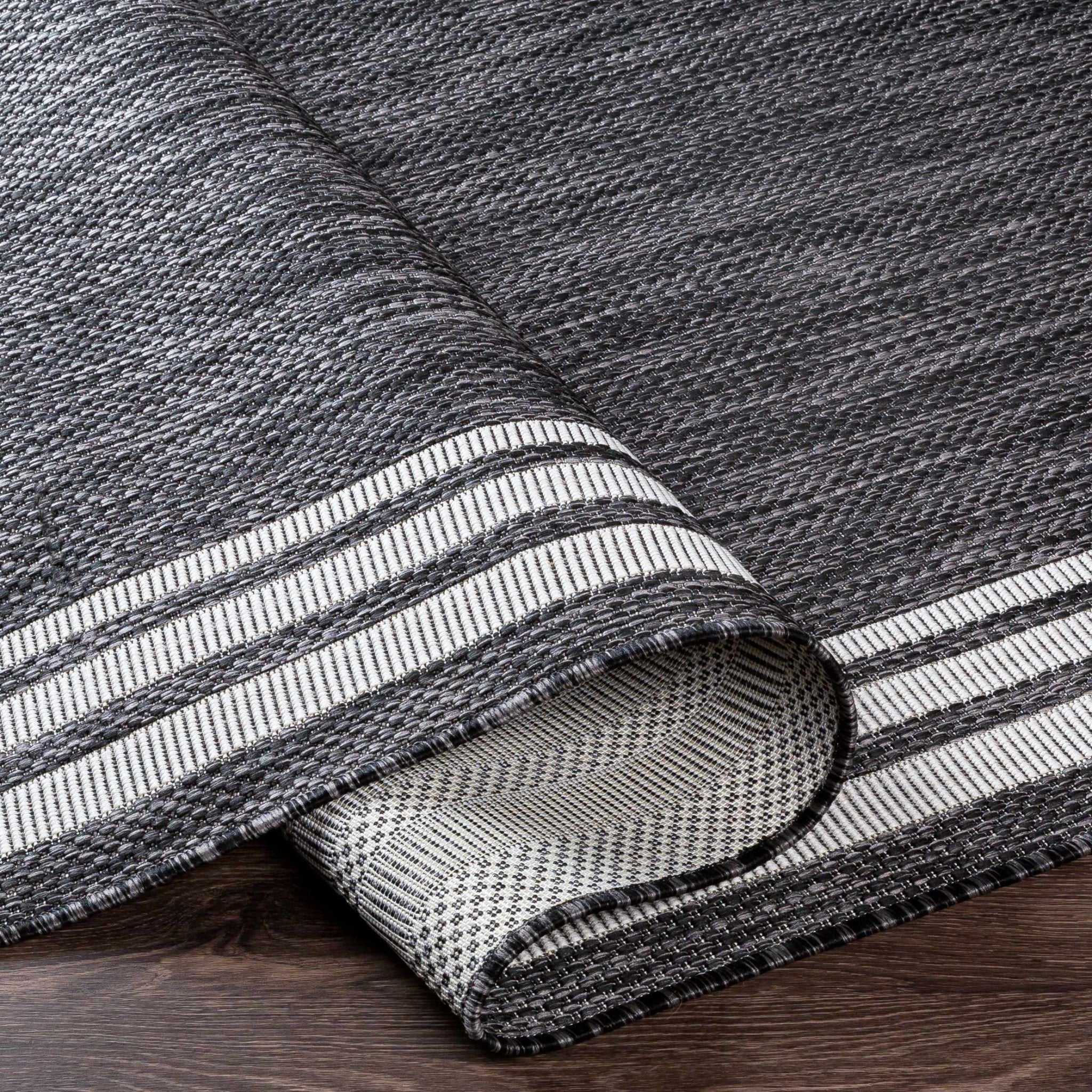 Modern Solid Plain Charcoal and Ivory Stripes Design Outdoor Safe Area Rug - Image 12