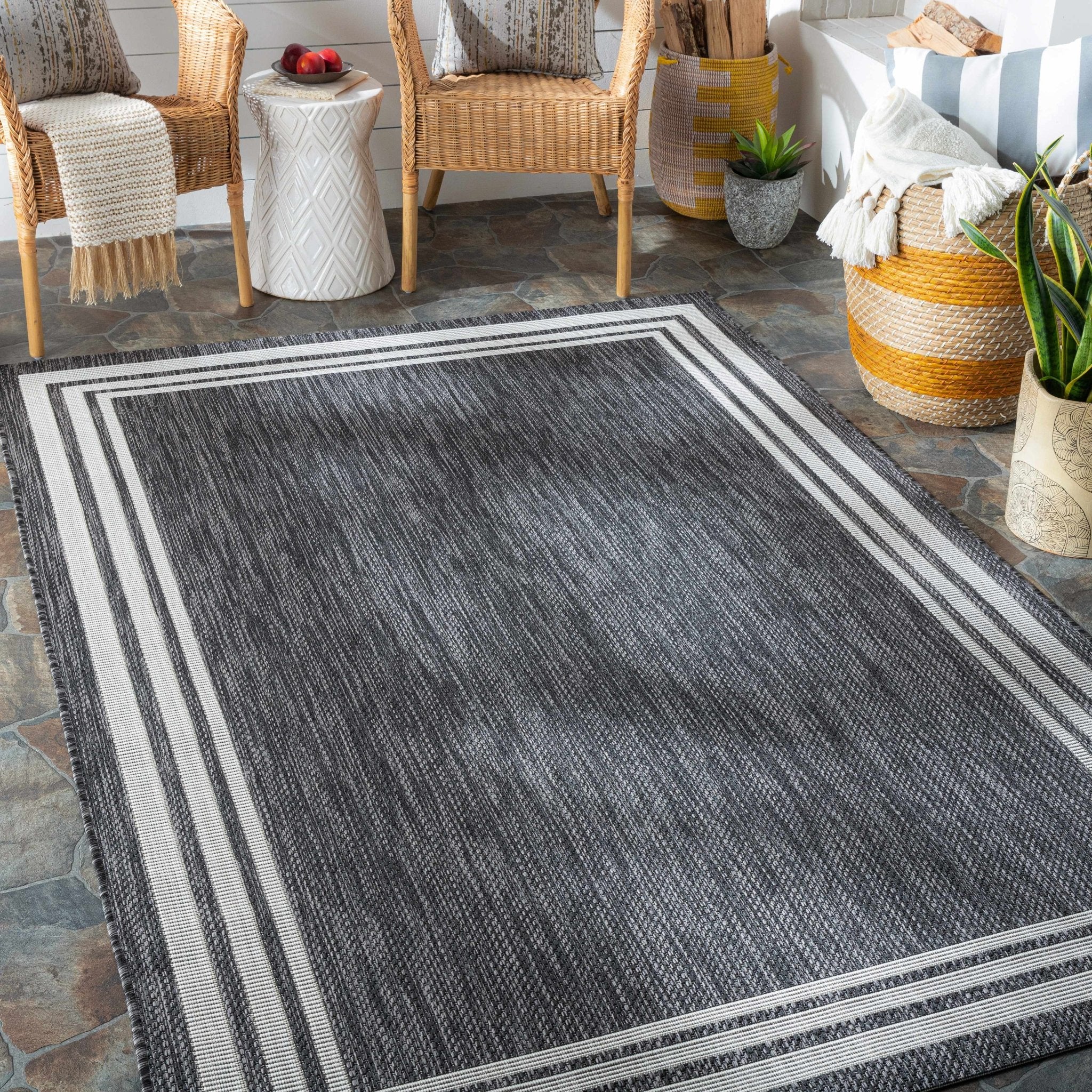 Modern Solid Plain Charcoal and Ivory Stripes Design Outdoor Safe Area Rug - Image 3