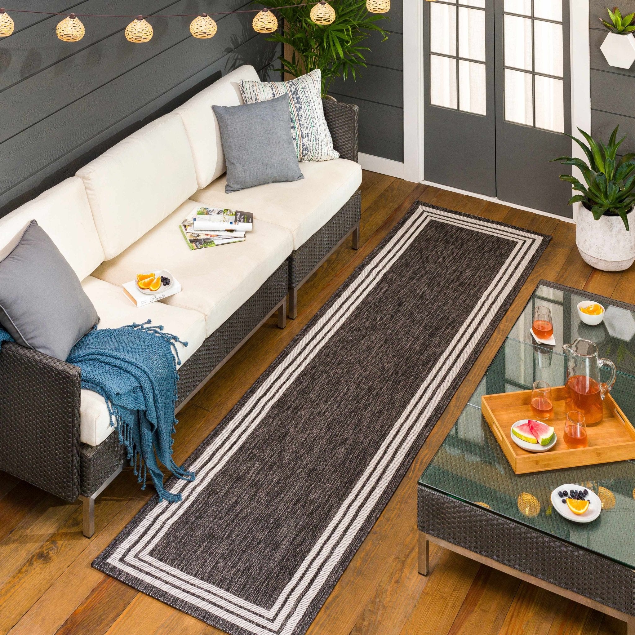 Modern Solid Plain Charcoal and Ivory Stripes Design Outdoor Safe Area Rug - Image 4