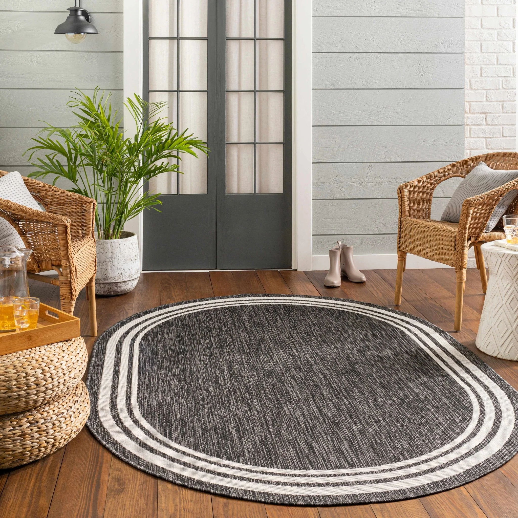 Modern Solid Plain Charcoal and Ivory Stripes Design Outdoor Safe Area Rug - Image 5