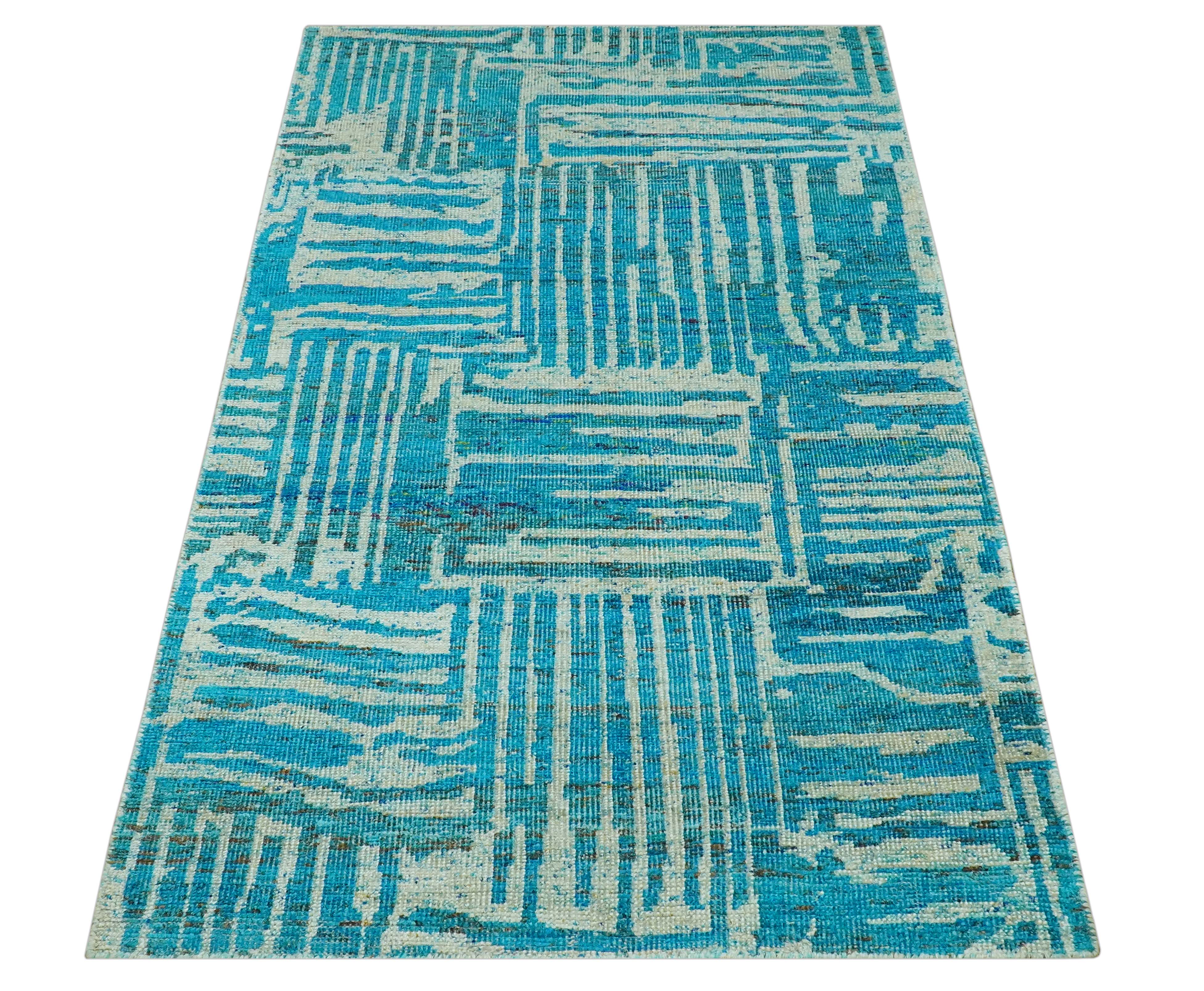 Modern stripes design Blue and Beige 5x8 Hand knotted wool area rug - Image 10