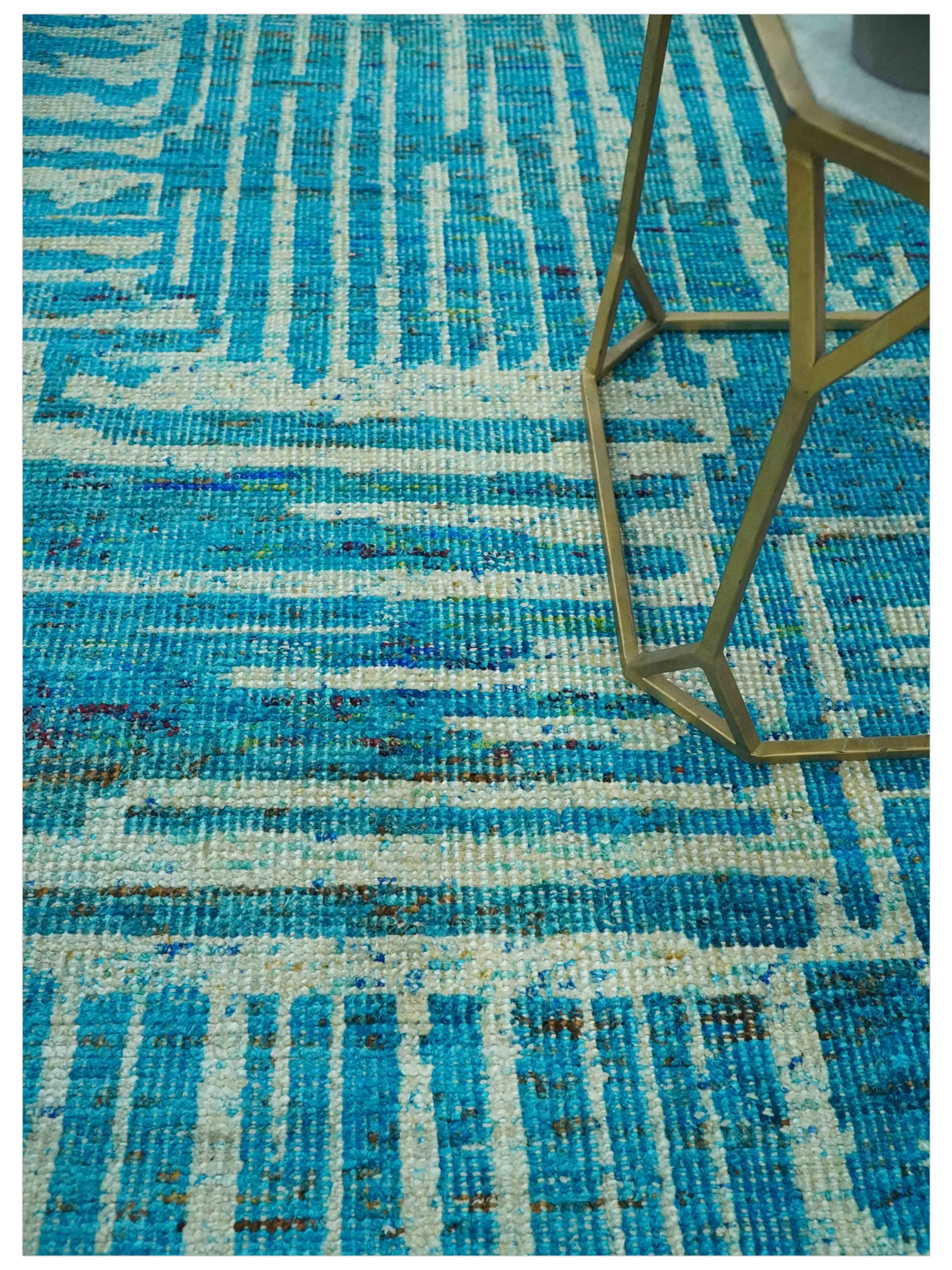 Modern stripes design Blue and Beige 5x8 Hand knotted wool area rug - Image 2