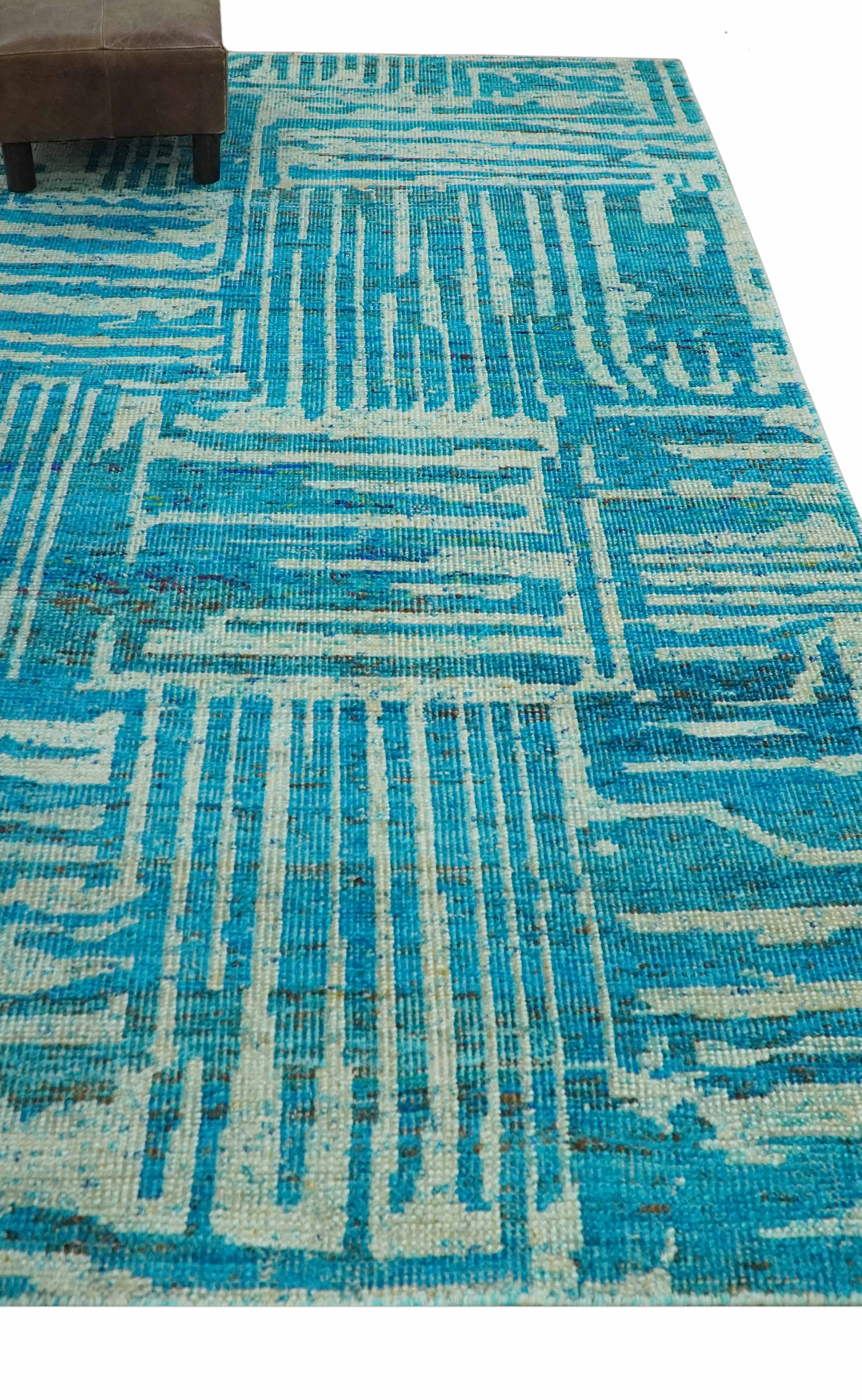Modern stripes design Blue and Beige 5x8 Hand knotted wool area rug - Image 3