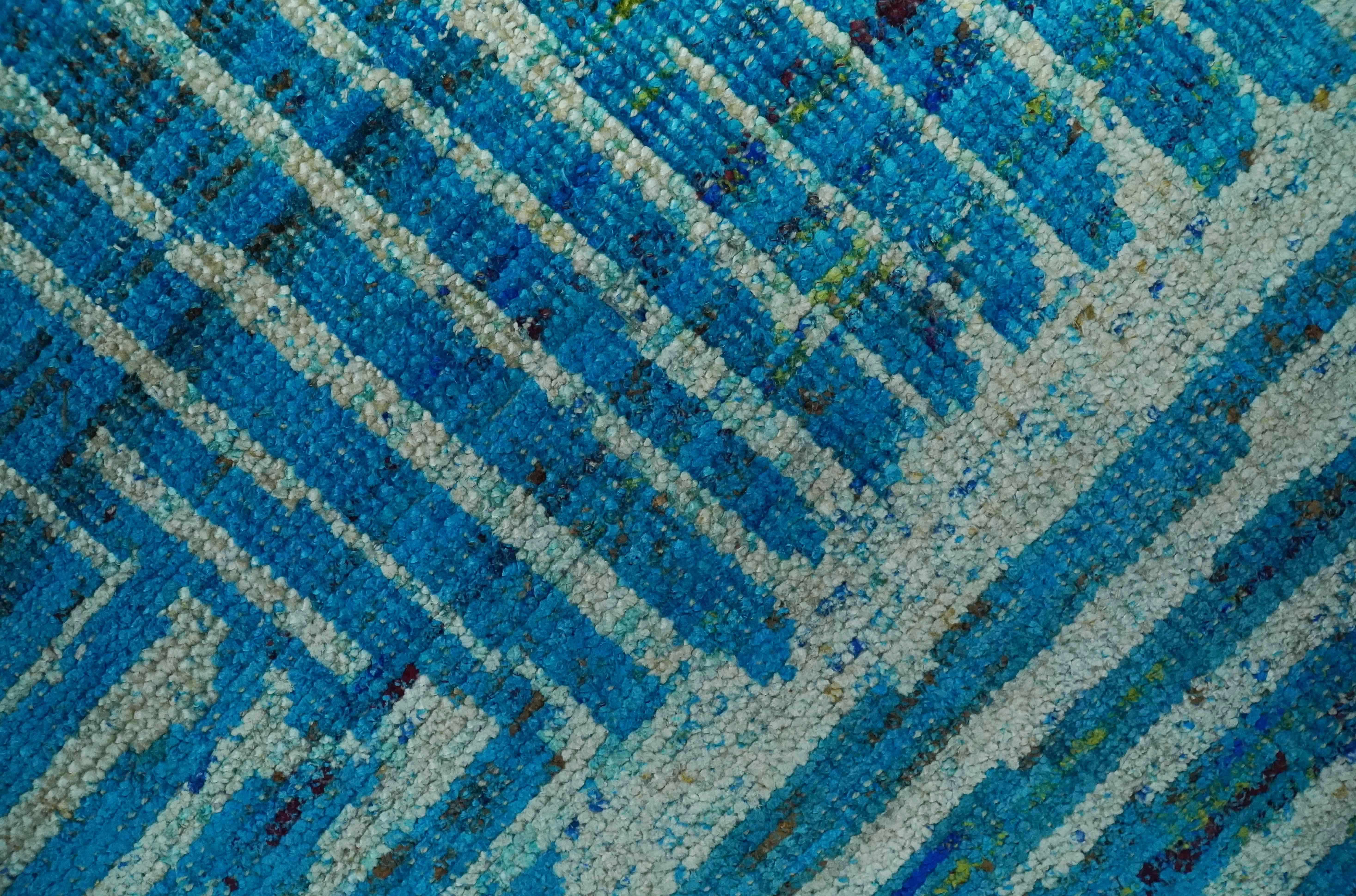 Modern stripes design Blue and Beige 5x8 Hand knotted wool area rug - Image 4