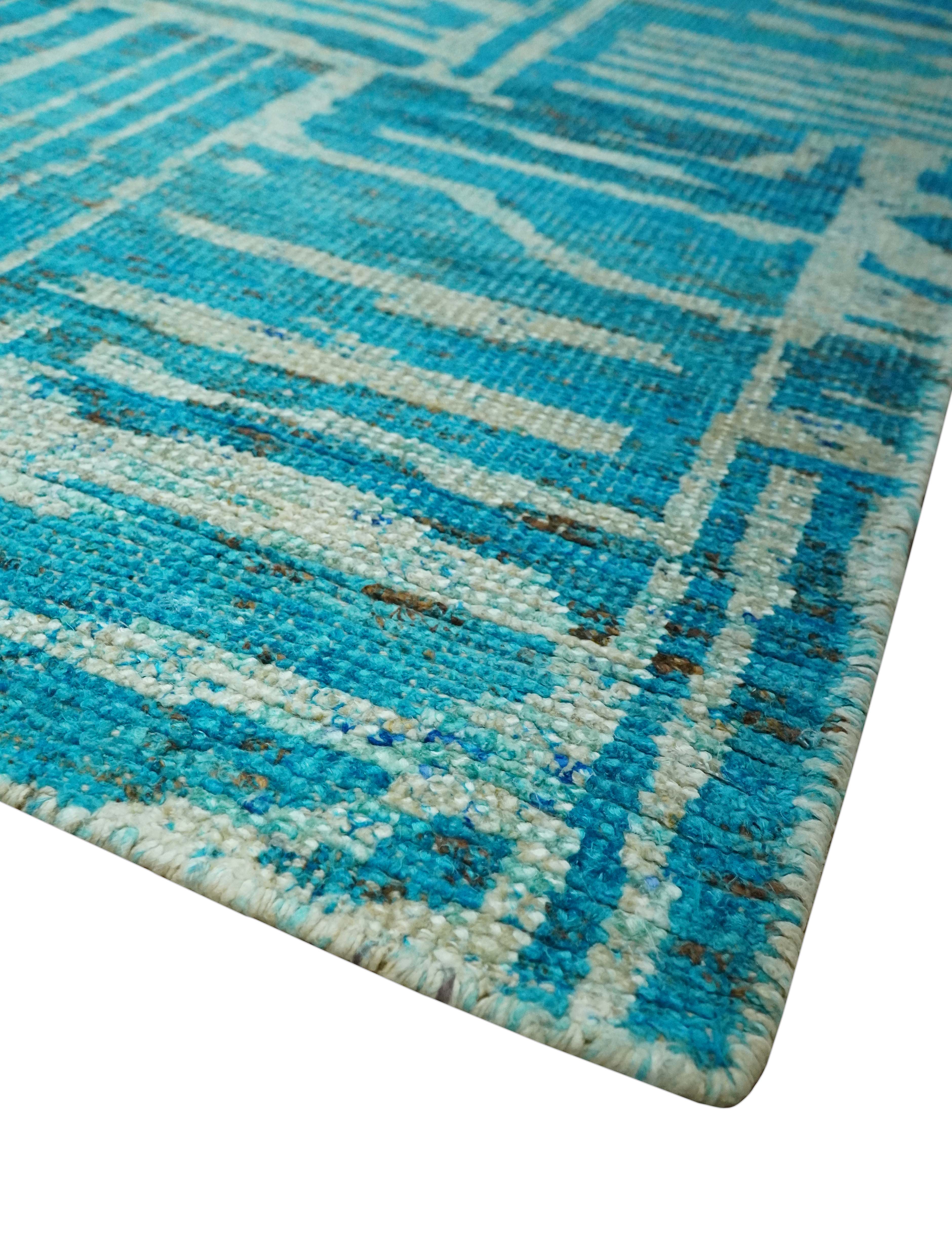Modern stripes design Blue and Beige 5x8 Hand knotted wool area rug - Image 5
