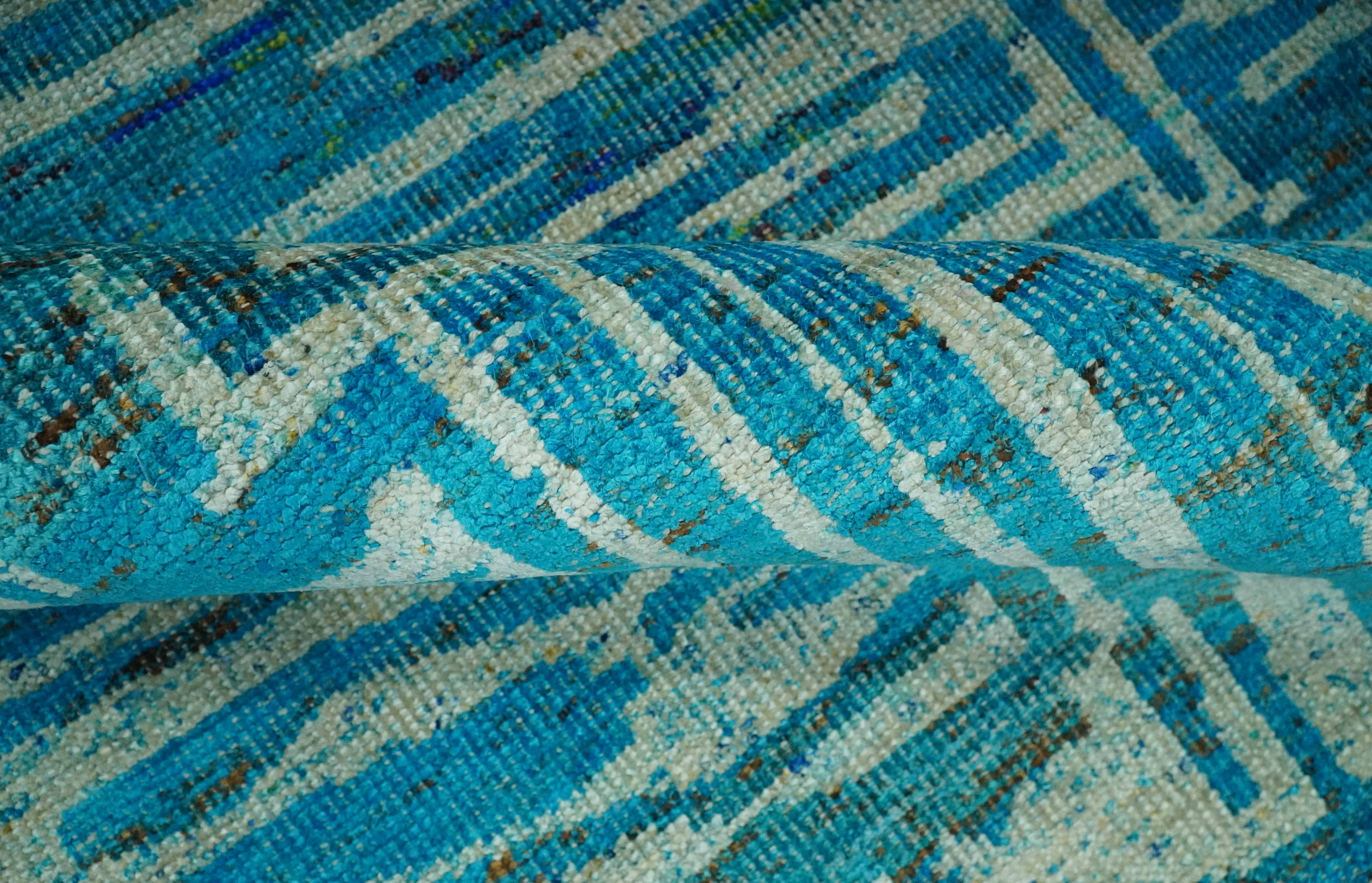 Modern stripes design Blue and Beige 5x8 Hand knotted wool area rug - Image 6