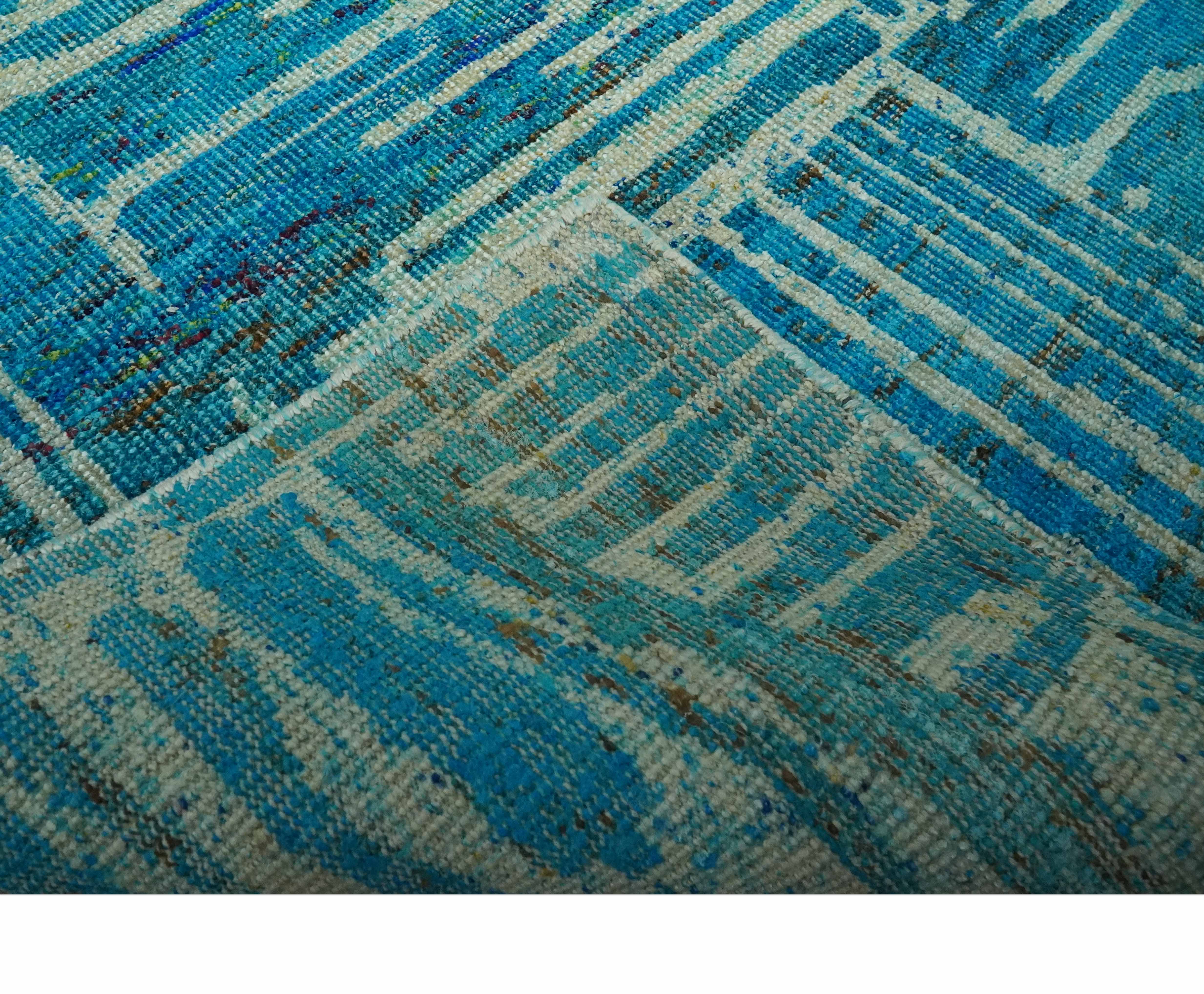 Modern stripes design Blue and Beige 5x8 Hand knotted wool area rug - Image 7