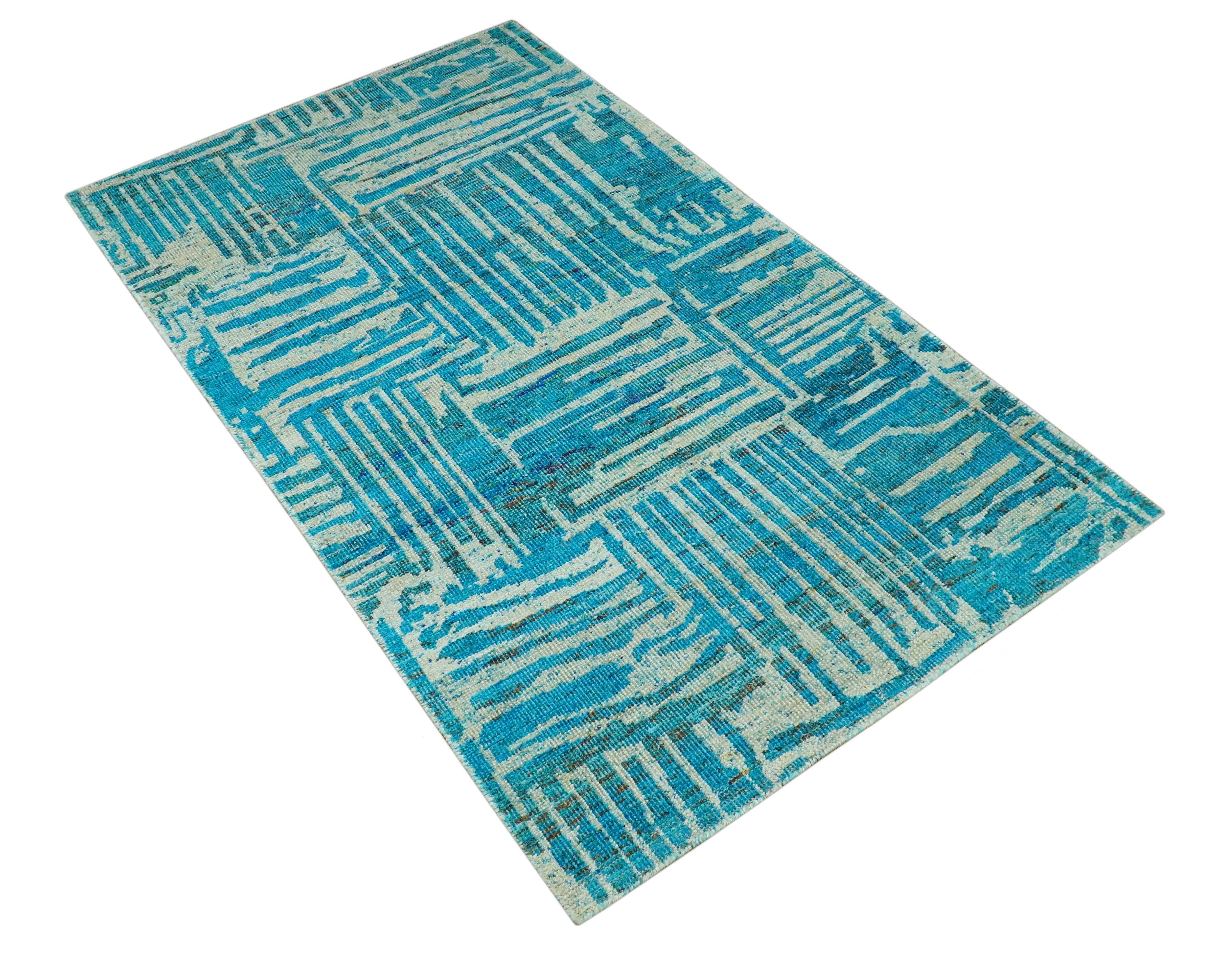 Modern stripes design Blue and Beige 5x8 Hand knotted wool area rug - Image 9