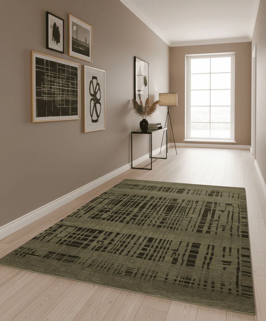Modern Stripes Design Charcoal and Greenish Brown 6x8 Hand knotted wool area Rug - Image 2