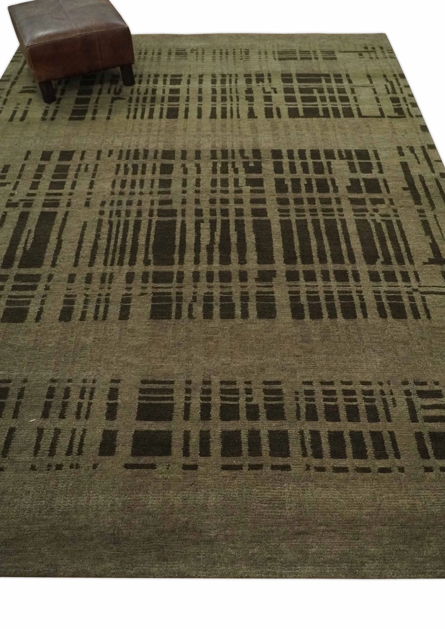 Modern Stripes Design Charcoal and Greenish Brown 6x8 Hand knotted wool area Rug - Image 4