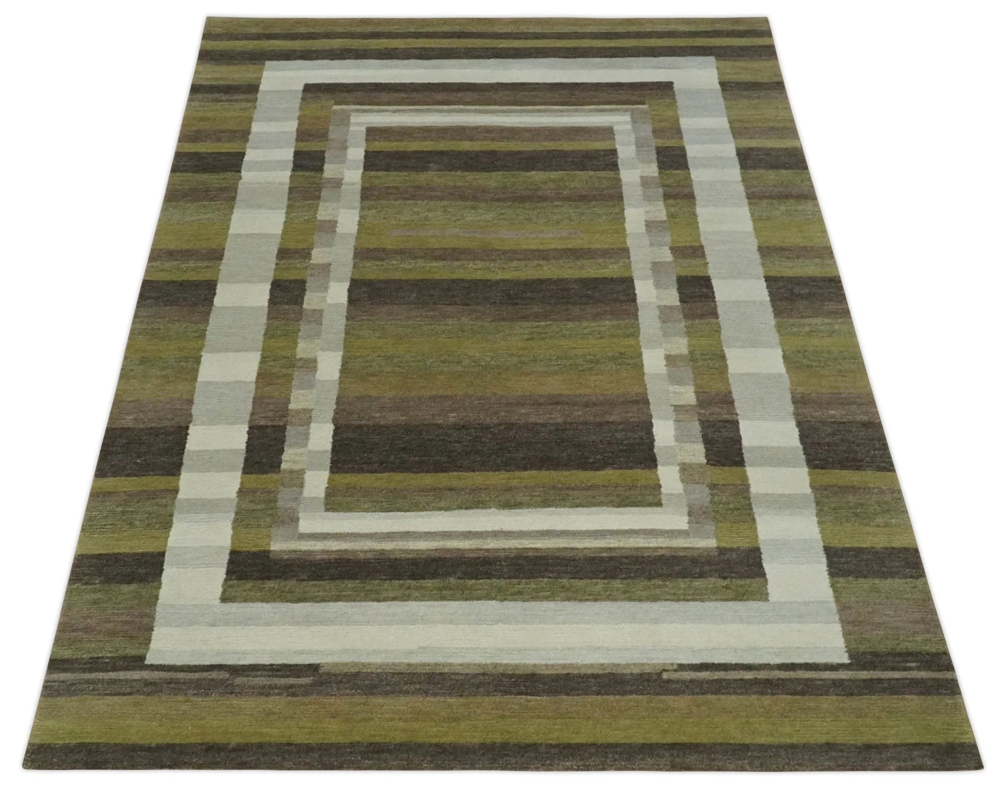 Modern Stripes Design Olive, Charcoal, Ivory and Gray Hand loom 5x7 wool Area Rug - Image 10