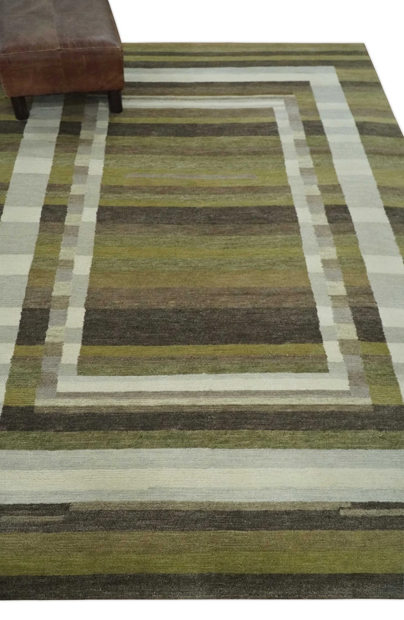 Modern Stripes Design Olive, Charcoal, Ivory and Gray Hand loom 5x7 wool Area Rug - Image 3