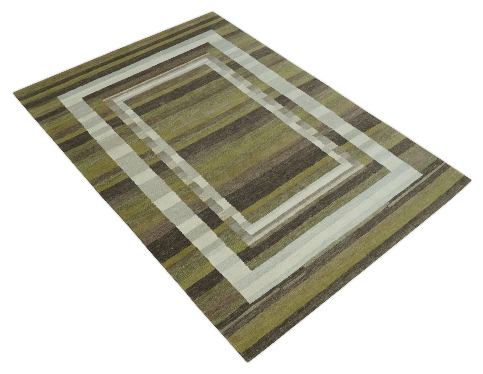 Modern Stripes Design Olive, Charcoal, Ivory and Gray Hand loom 5x7 wool Area Rug - Image 9