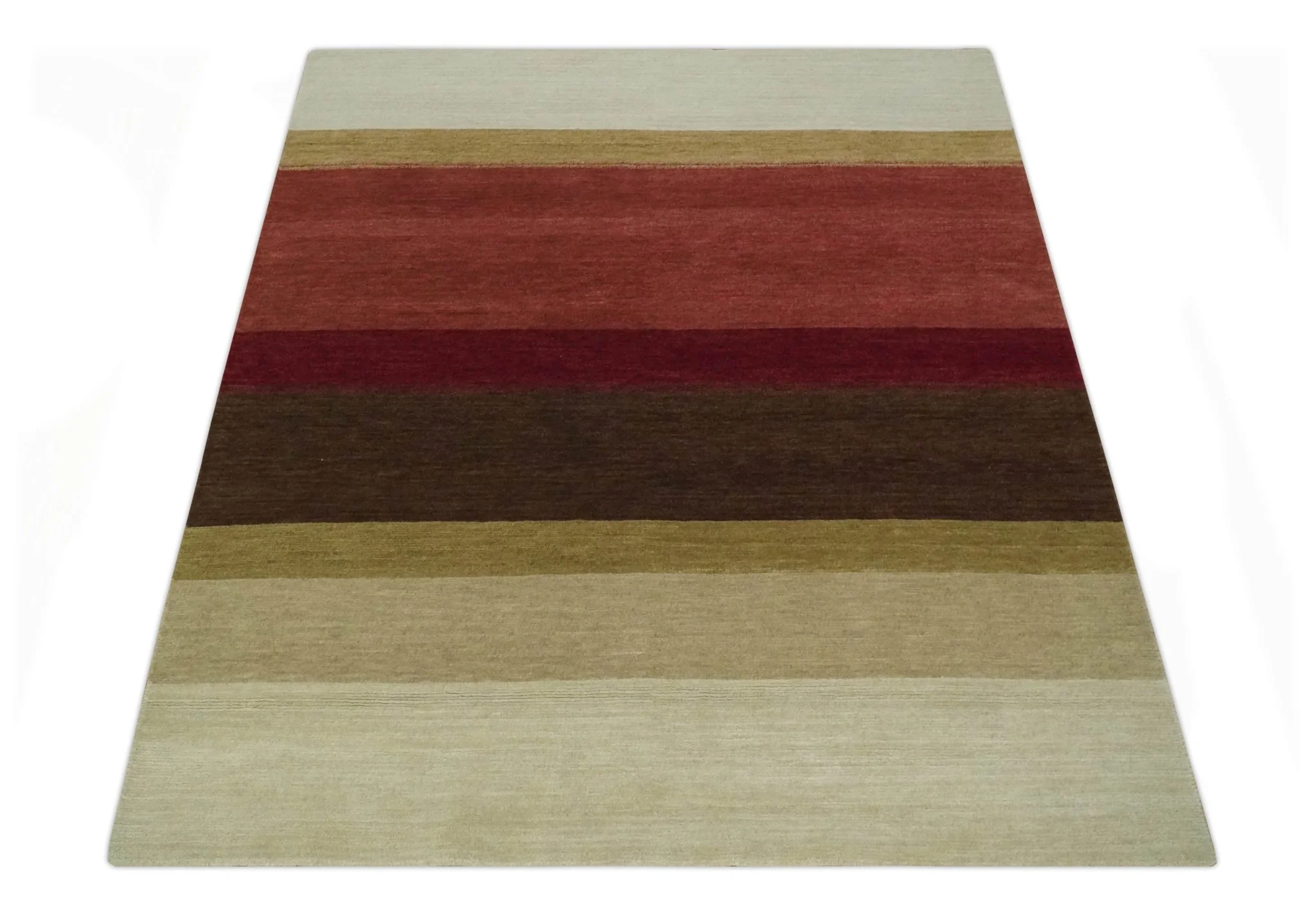 Modern Stripes Ivory, Rust, Maroon and Brown Hand loom 5.6x6.6 Wool Area Rug - Image 11