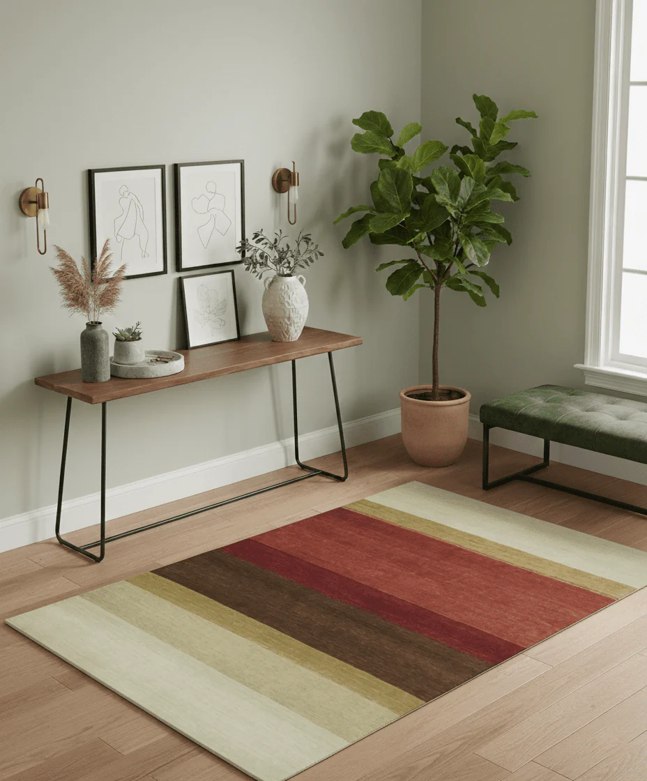 Modern Stripes Ivory, Rust, Maroon and Brown Hand loom 5.6x6.6 Wool Area Rug - Image 2