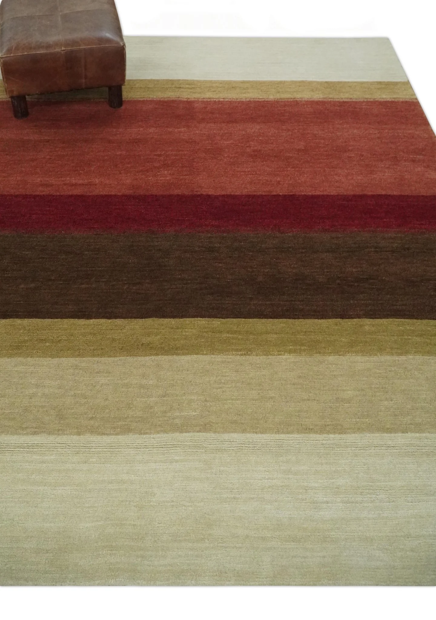 Modern Stripes Ivory, Rust, Maroon and Brown Hand loom 5.6x6.6 Wool Area Rug - Image 4